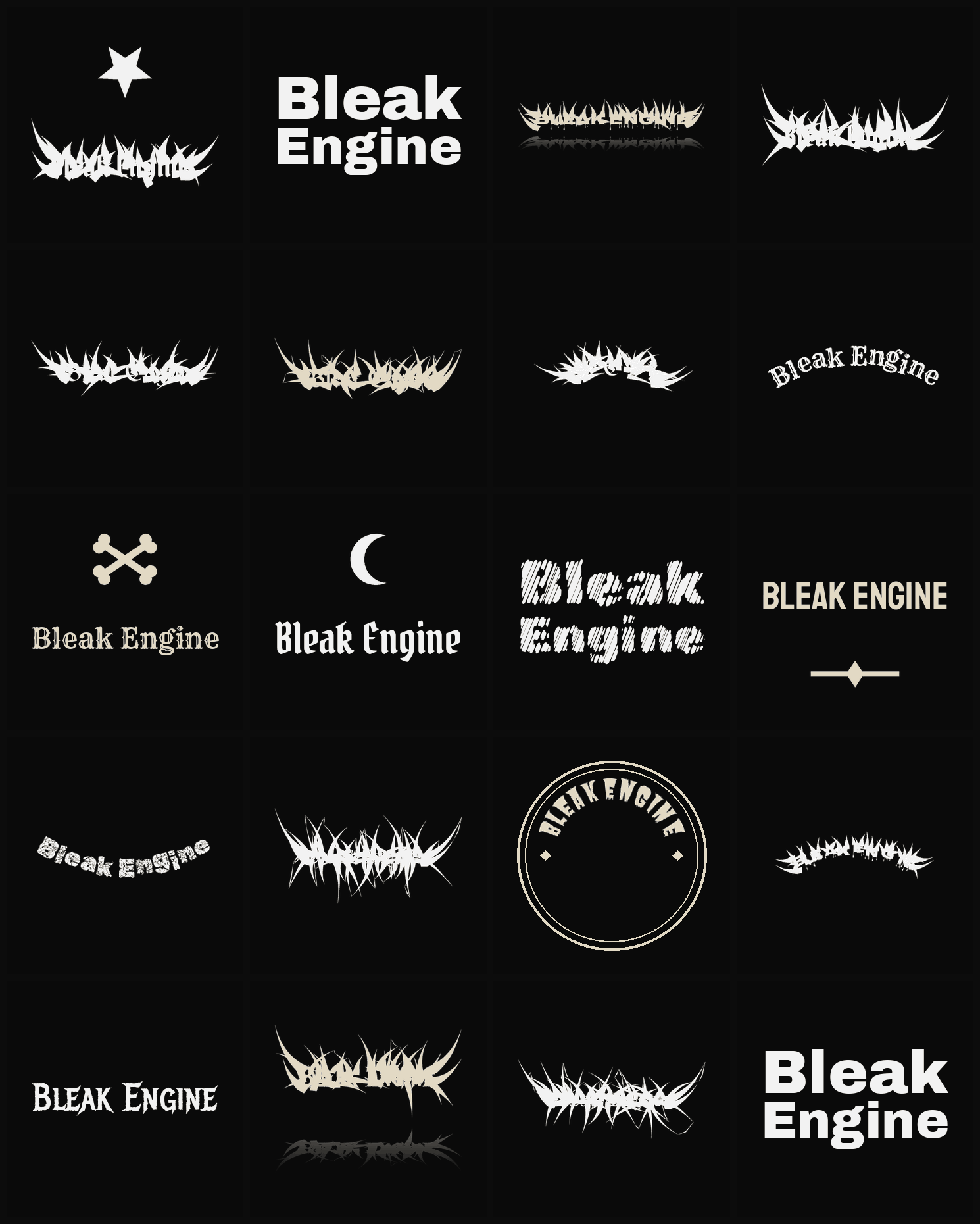 Twenty Bleak Engine band logo ideas — different faces, treatments and spike settings