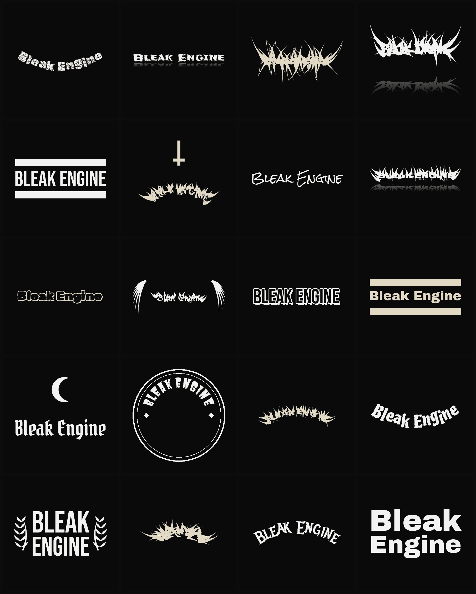 Twenty Bleak Engine band logo ideas — different faces, treatments and spike settings