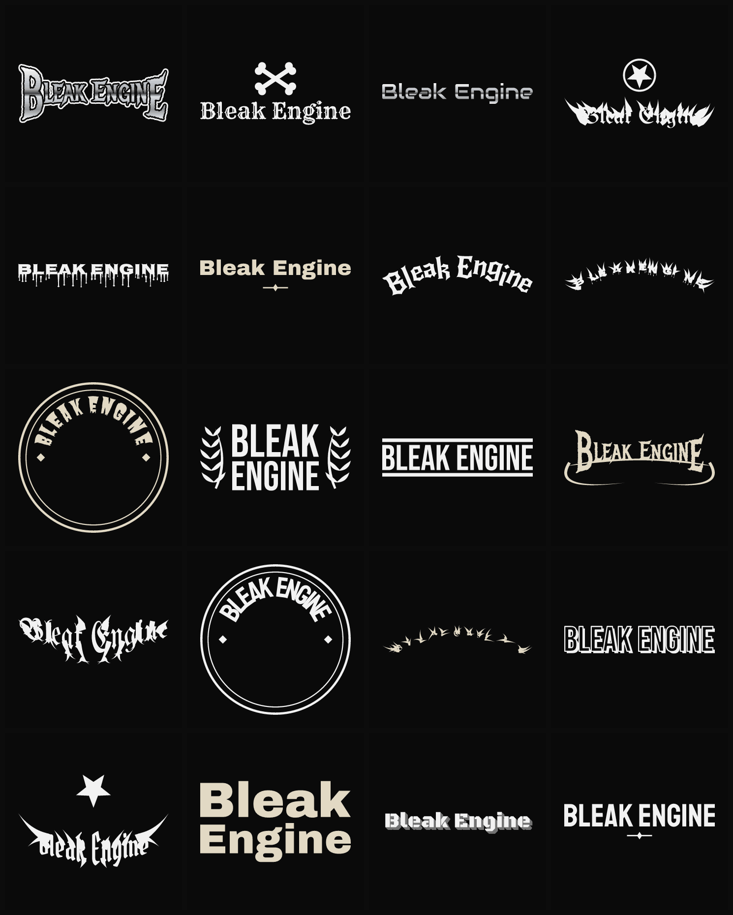 Twenty Bleak Engine band logo ideas — different faces, treatments and spike settings