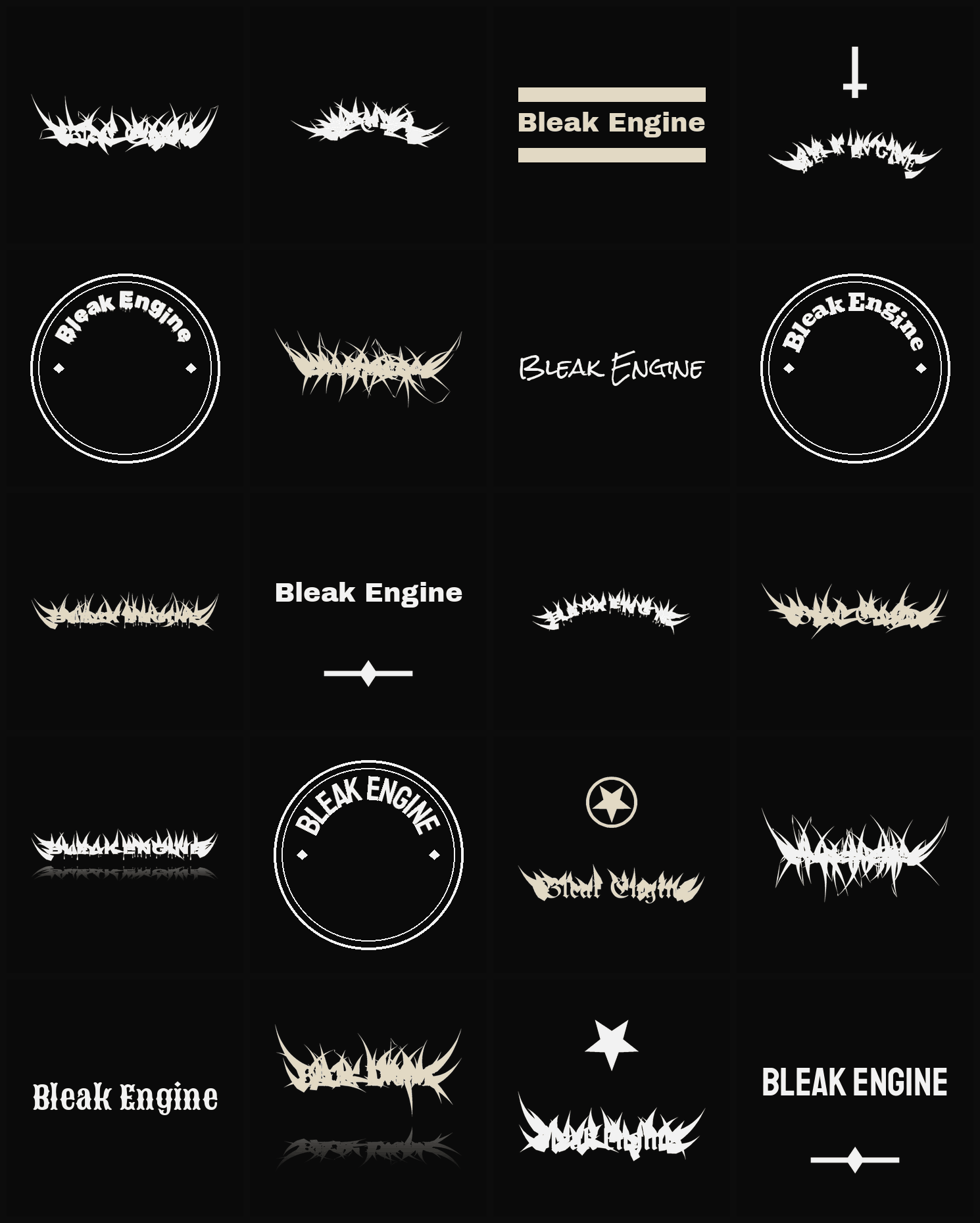 Twenty Bleak Engine band logo ideas — different faces, treatments and spike settings