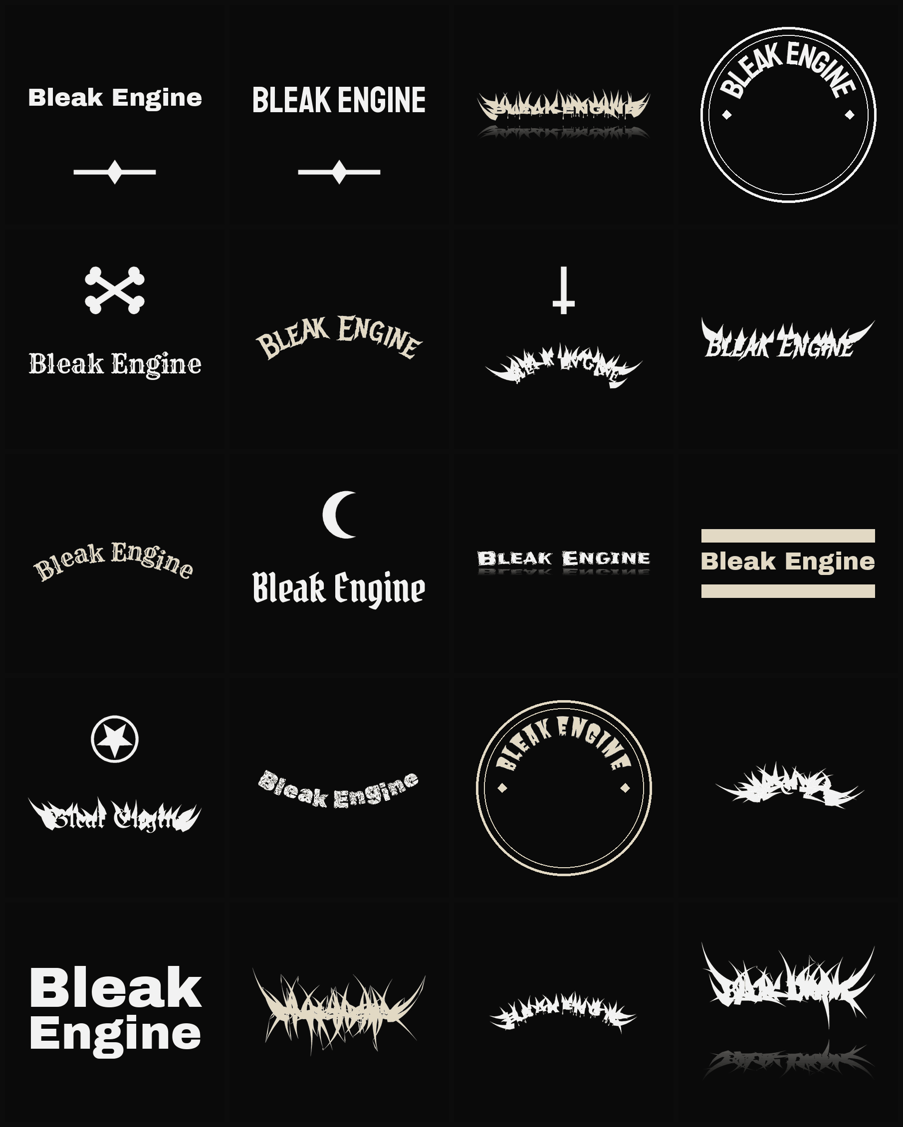Twenty Bleak Engine band logo ideas — different faces, treatments and spike settings