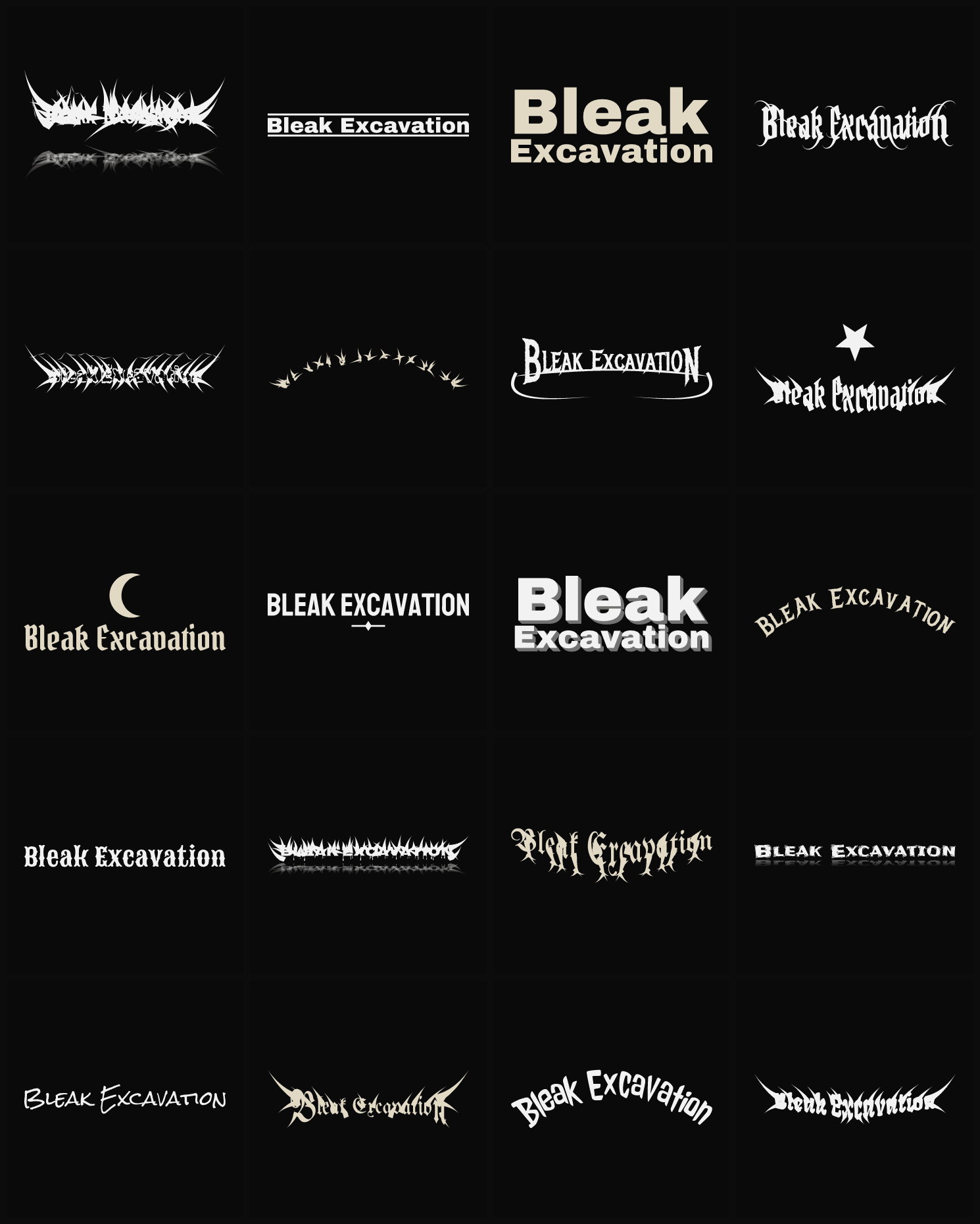 Twenty Bleak Excavation band logo ideas — different faces, treatments and spike settings