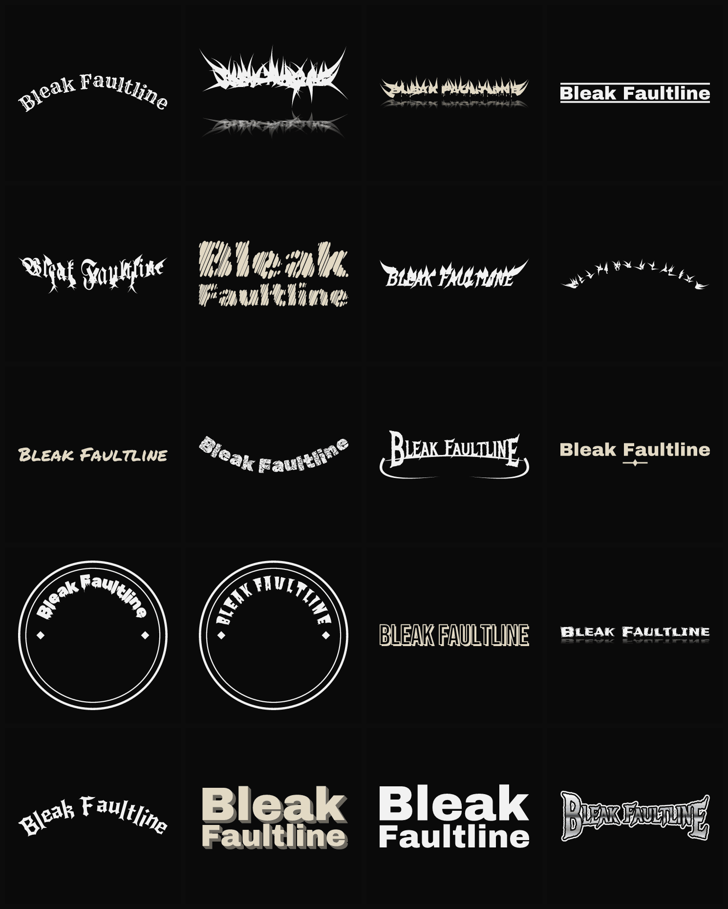 Twenty Bleak Faultline band logo ideas — different faces, treatments and spike settings