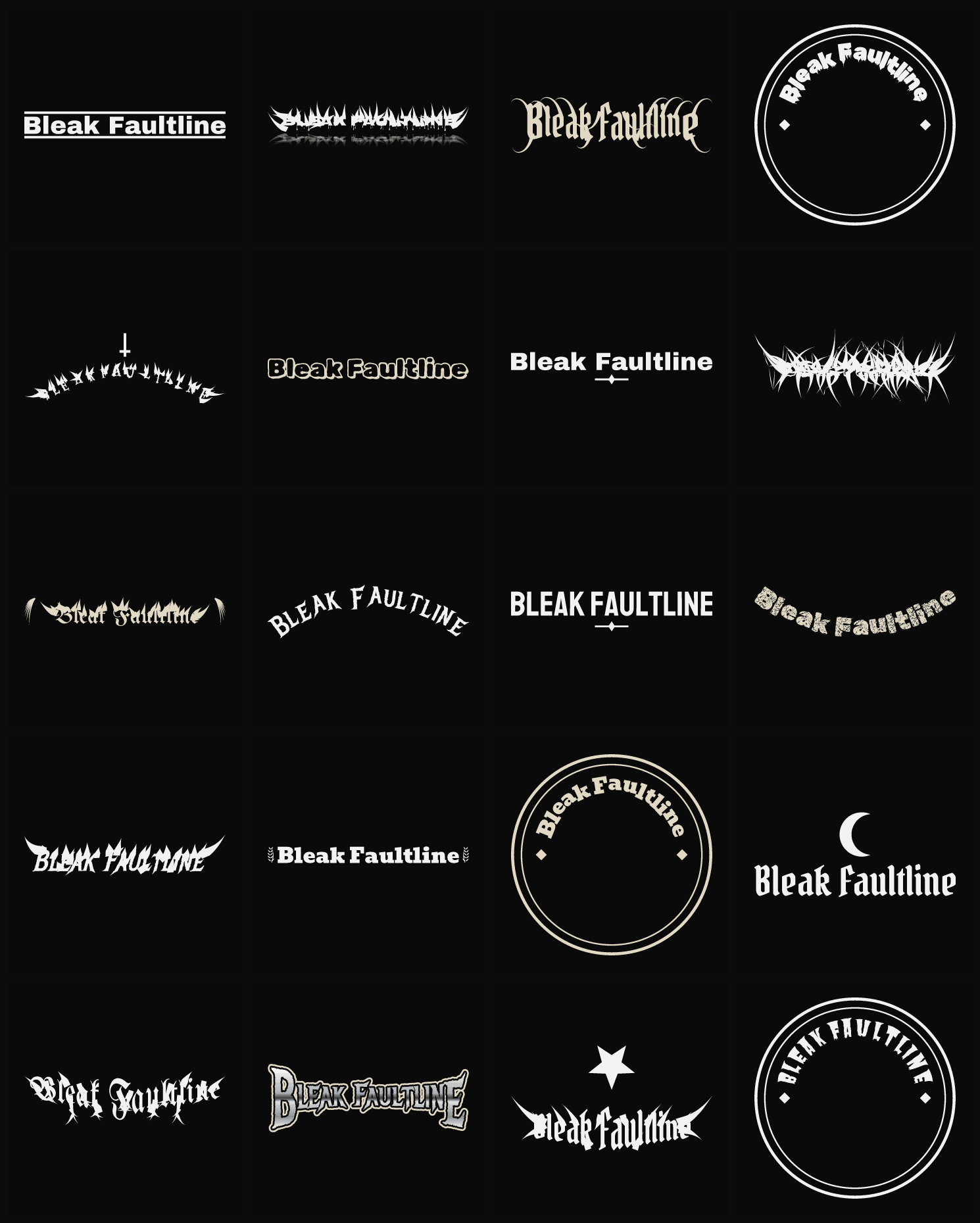 Twenty Bleak Faultline band logo ideas — different faces, treatments and spike settings