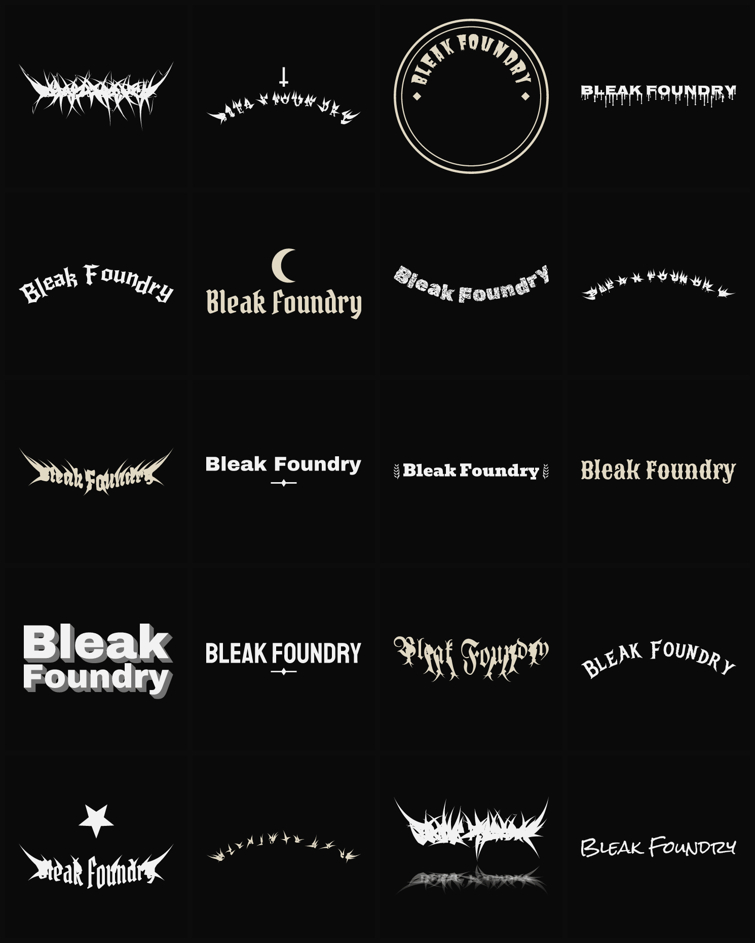 Twenty Bleak Foundry band logo ideas — different faces, treatments and spike settings