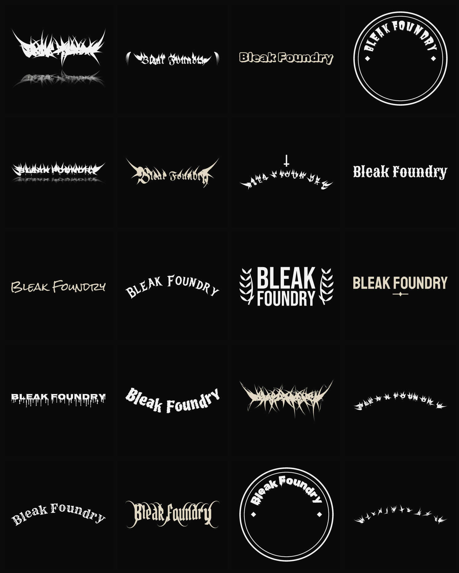 Twenty Bleak Foundry band logo ideas — different faces, treatments and spike settings