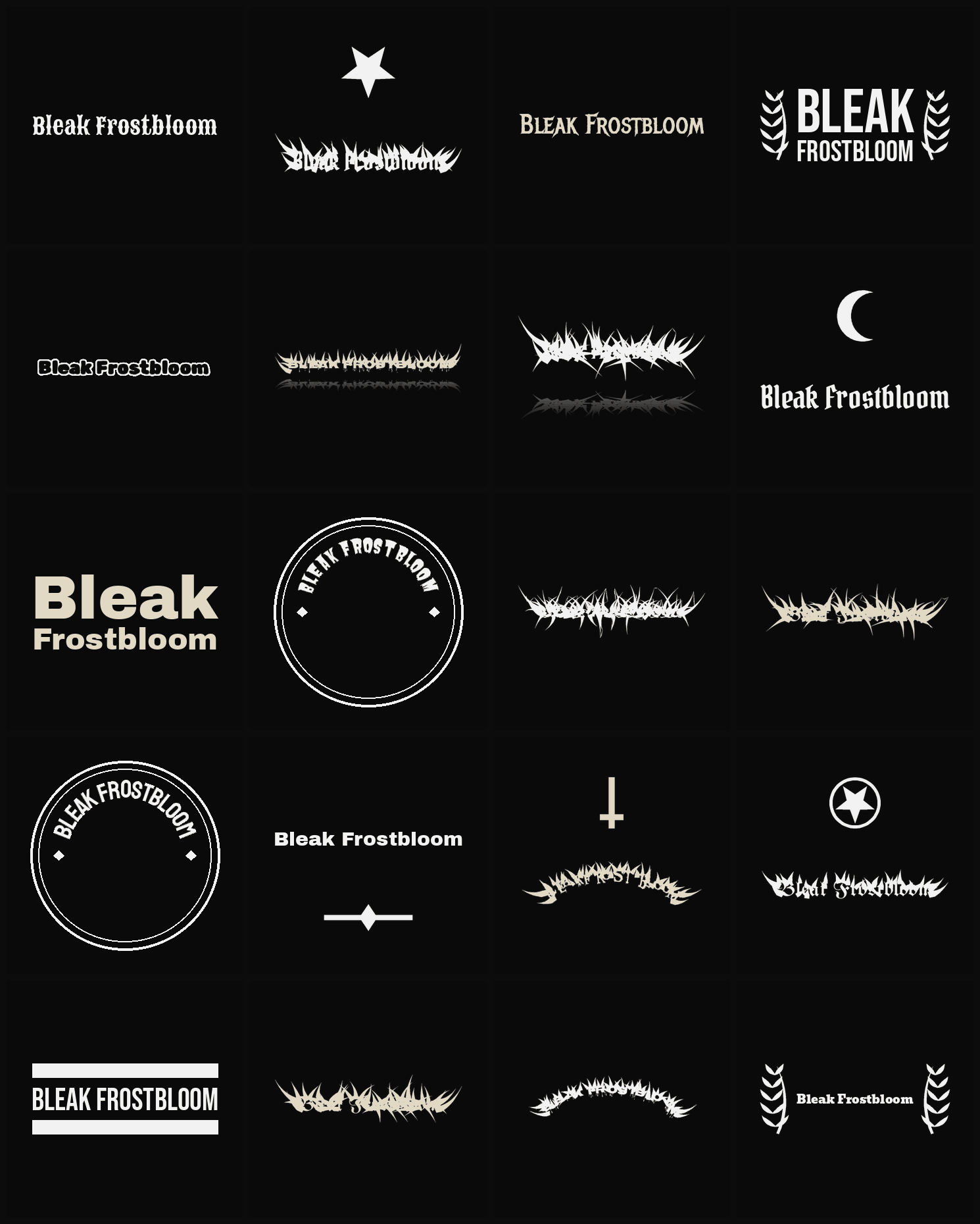 Twenty Bleak Frostbloom band logo ideas — different faces, treatments and spike settings