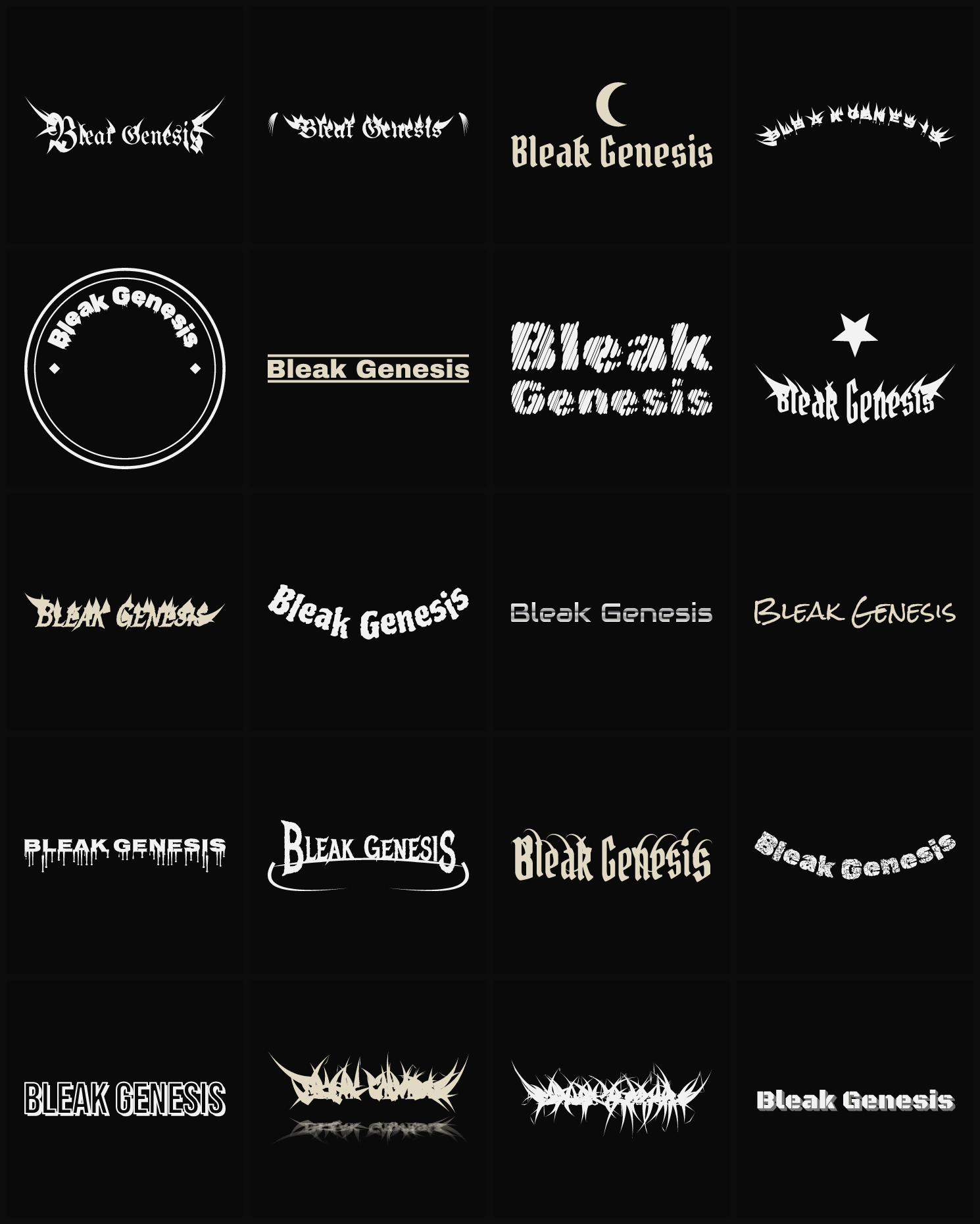 Twenty Bleak Genesis band logo ideas — different faces, treatments and spike settings