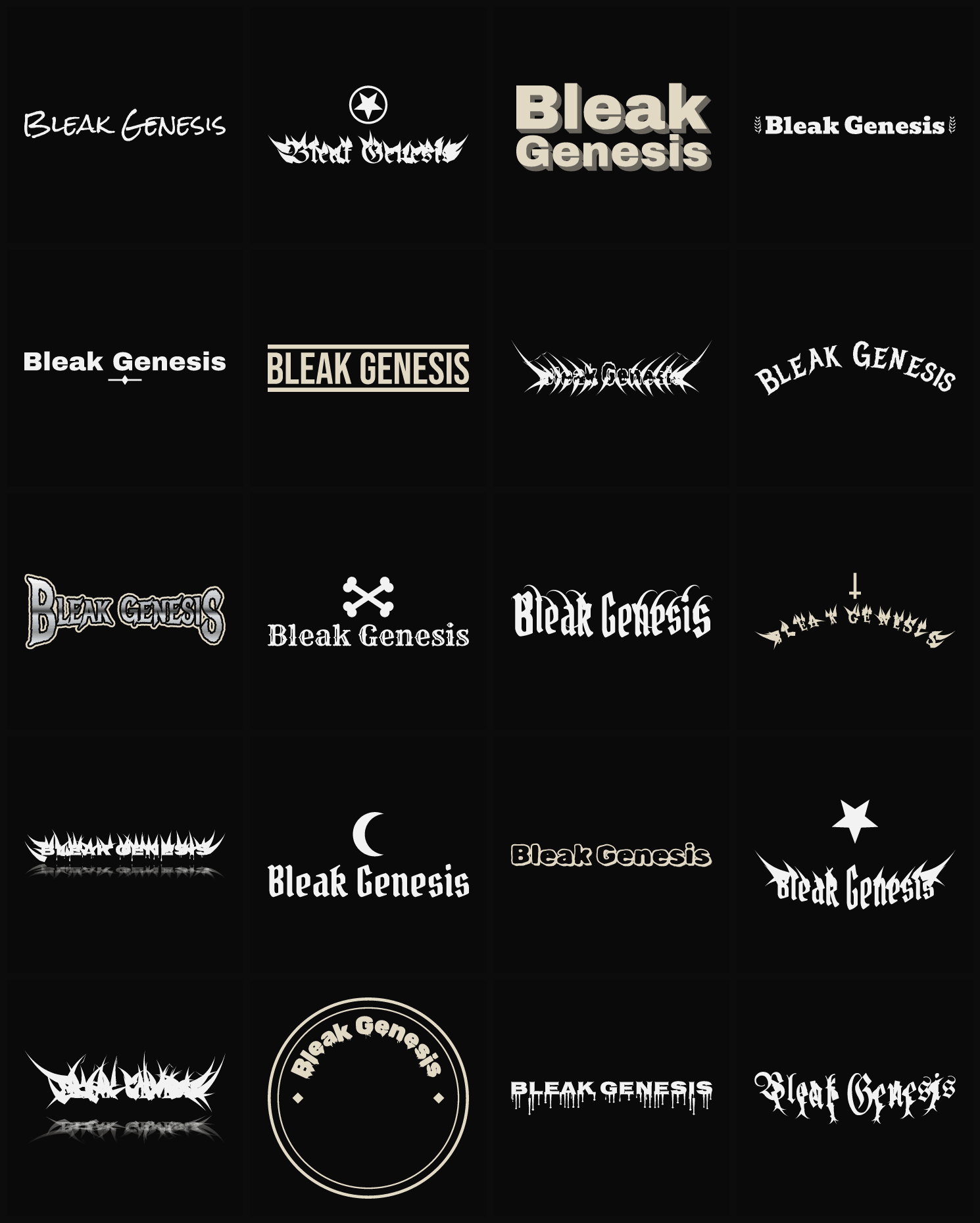 Twenty Bleak Genesis band logo ideas — different faces, treatments and spike settings