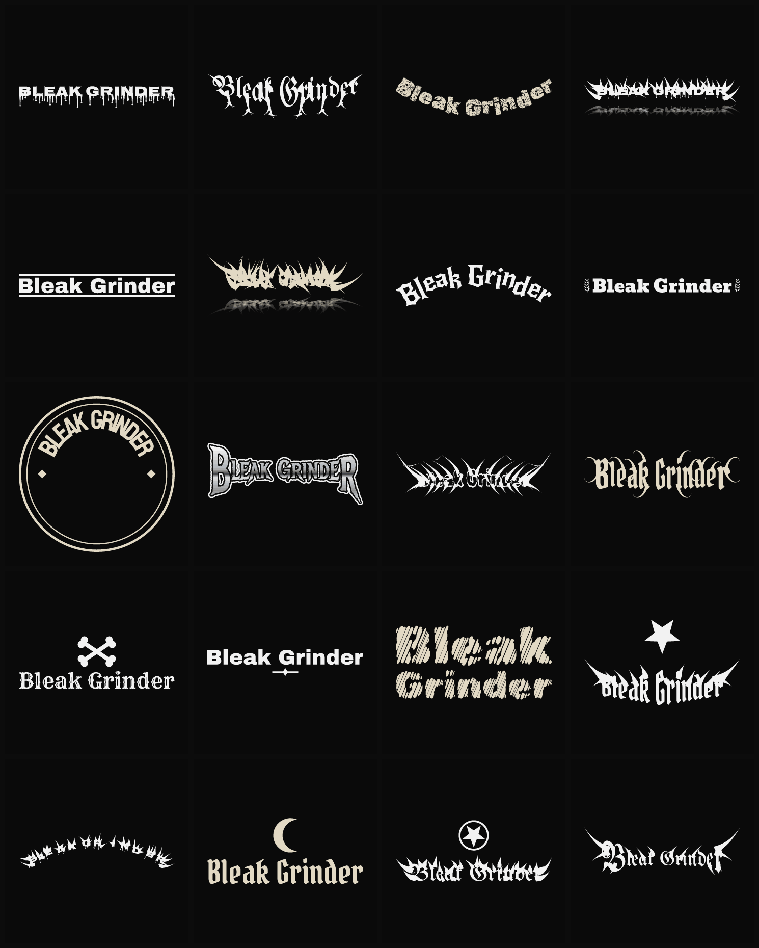 Twenty Bleak Grinder band logo ideas — different faces, treatments and spike settings