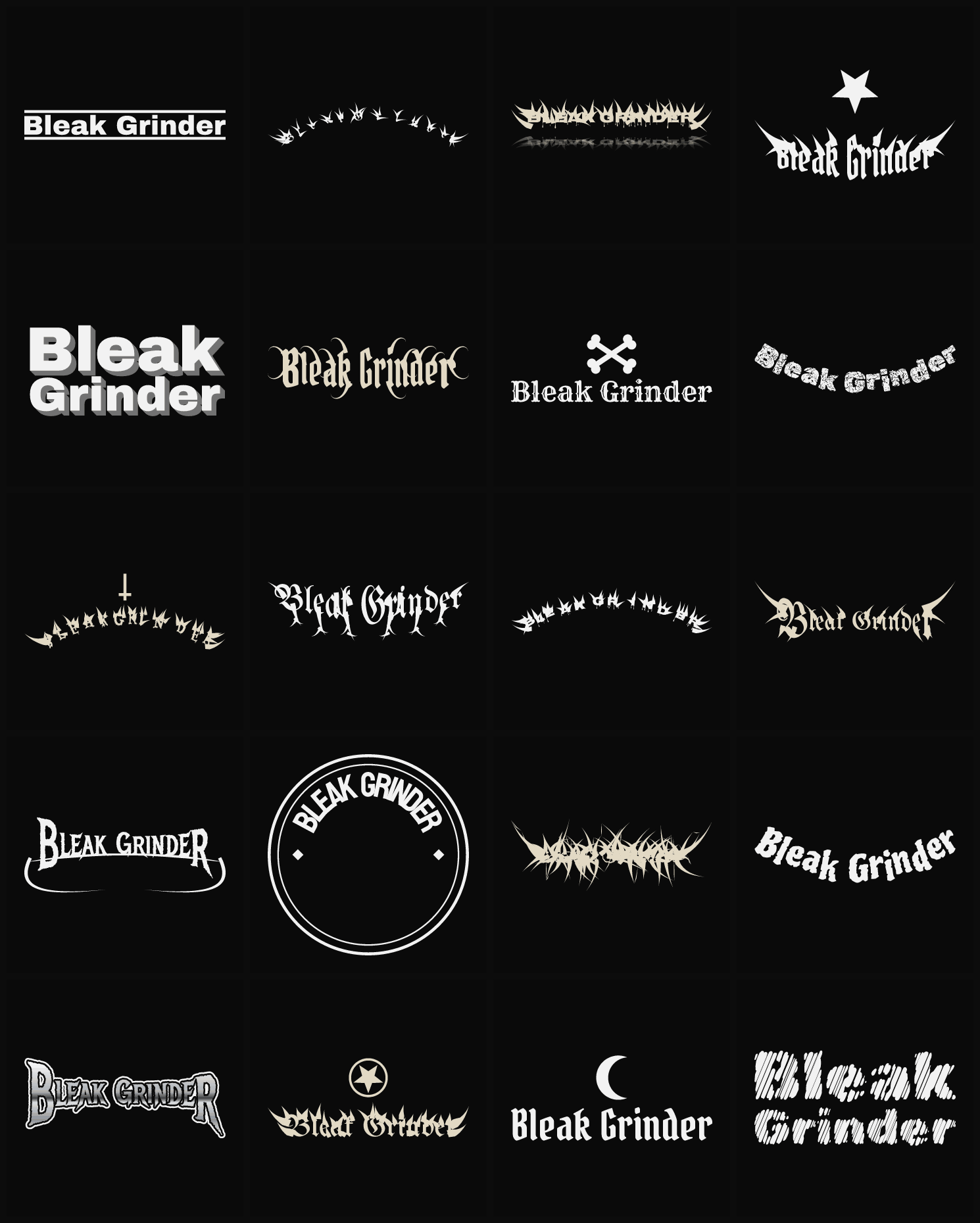 Twenty Bleak Grinder band logo ideas — different faces, treatments and spike settings