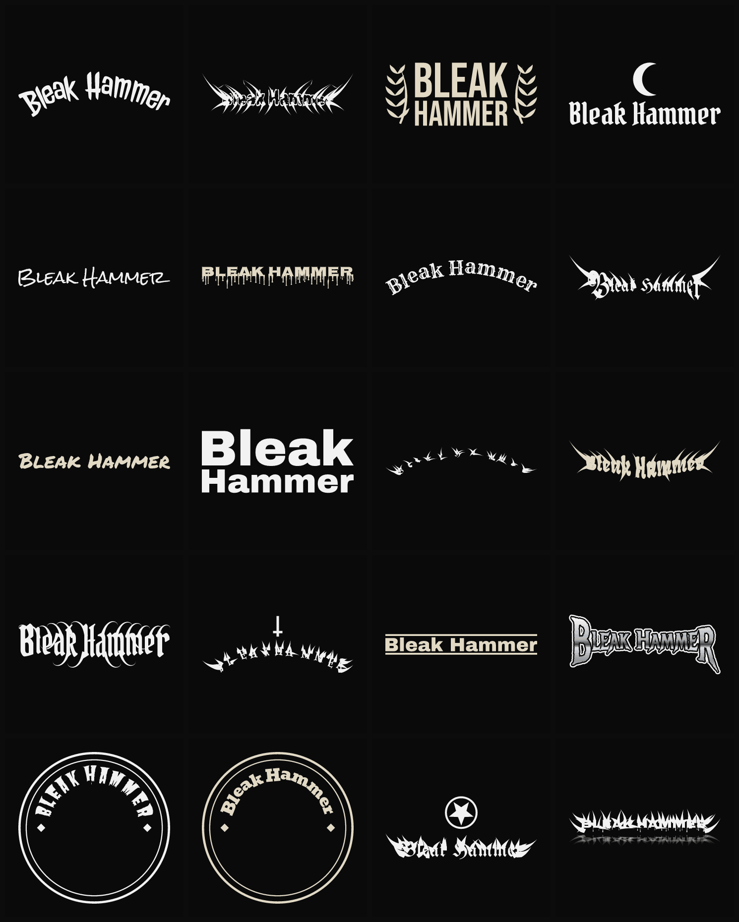 Twenty Bleak Hammer band logo ideas — different faces, treatments and spike settings