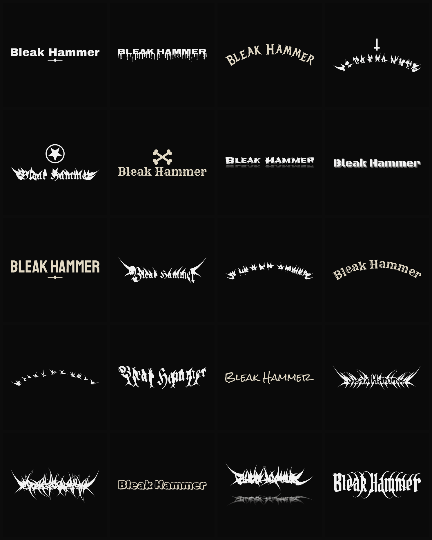 Twenty Bleak Hammer band logo ideas — different faces, treatments and spike settings