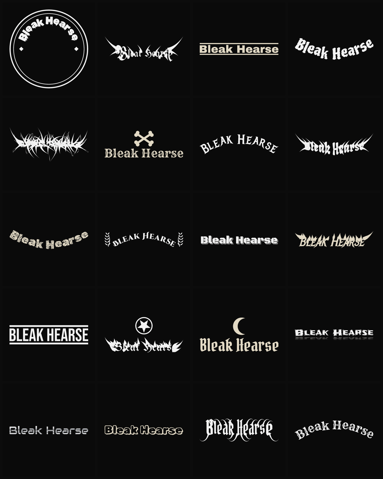 Twenty Bleak Hearse band logo ideas — different faces, treatments and spike settings