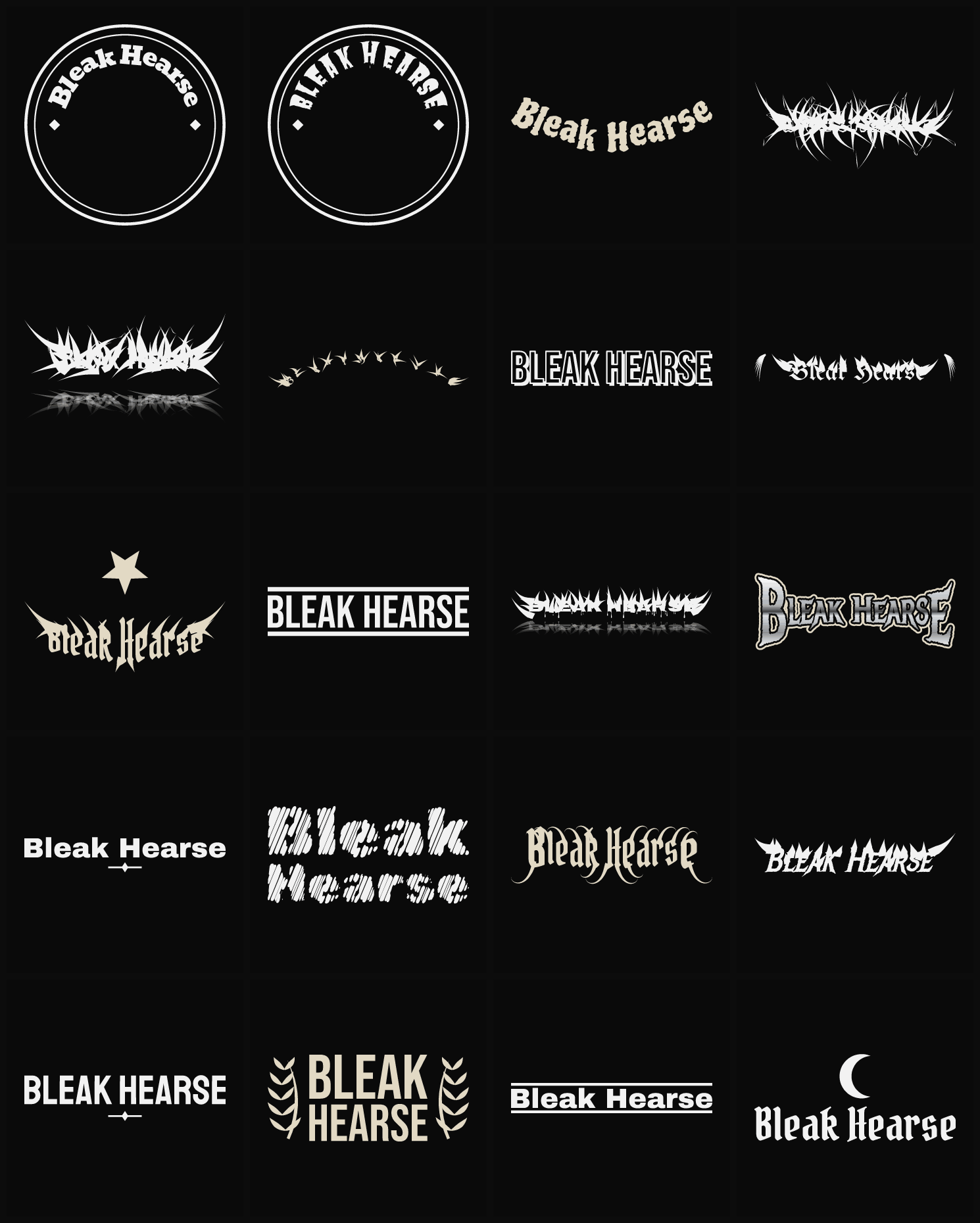 Twenty Bleak Hearse band logo ideas — different faces, treatments and spike settings