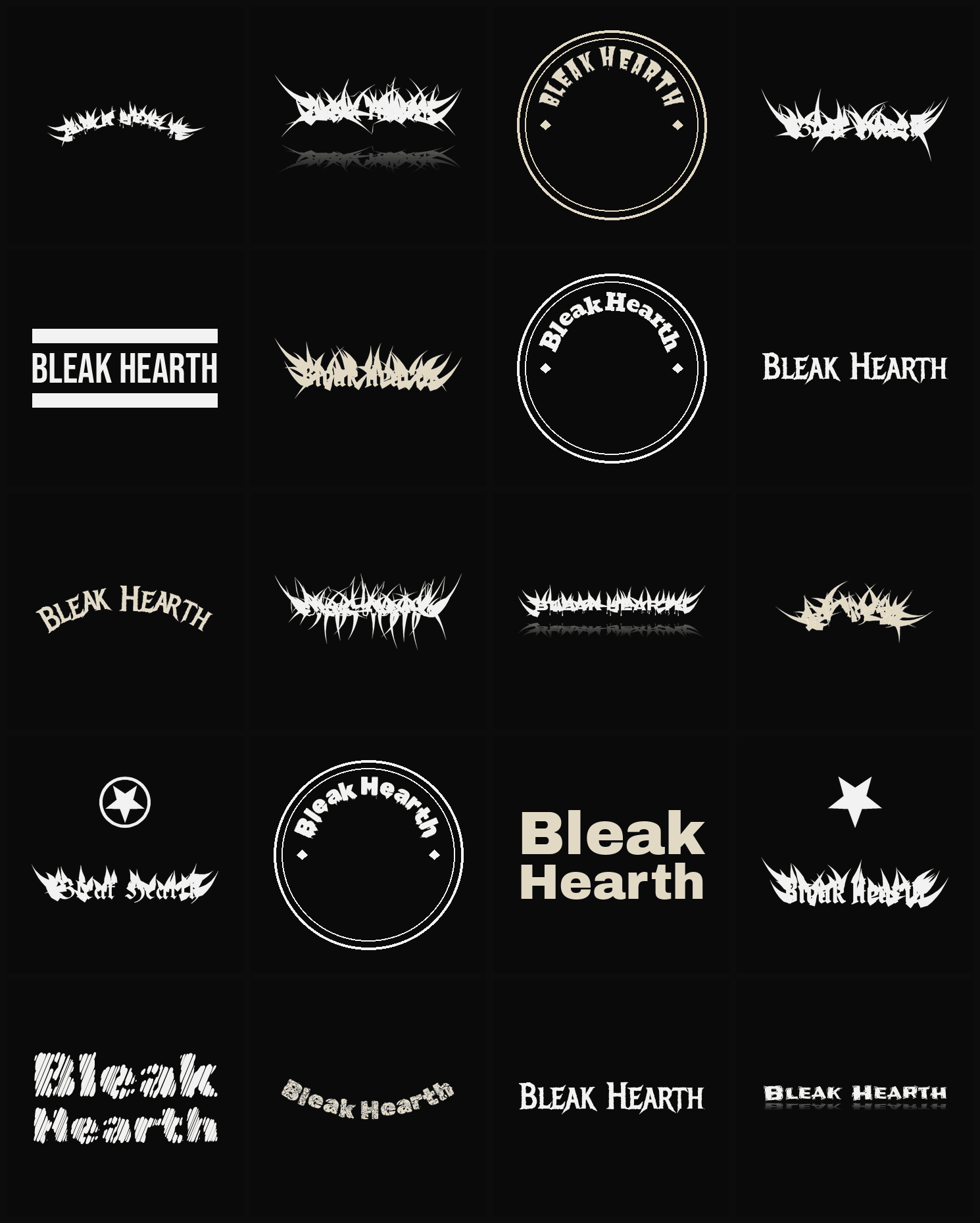 Twenty Bleak Hearth band logo ideas — different faces, treatments and spike settings