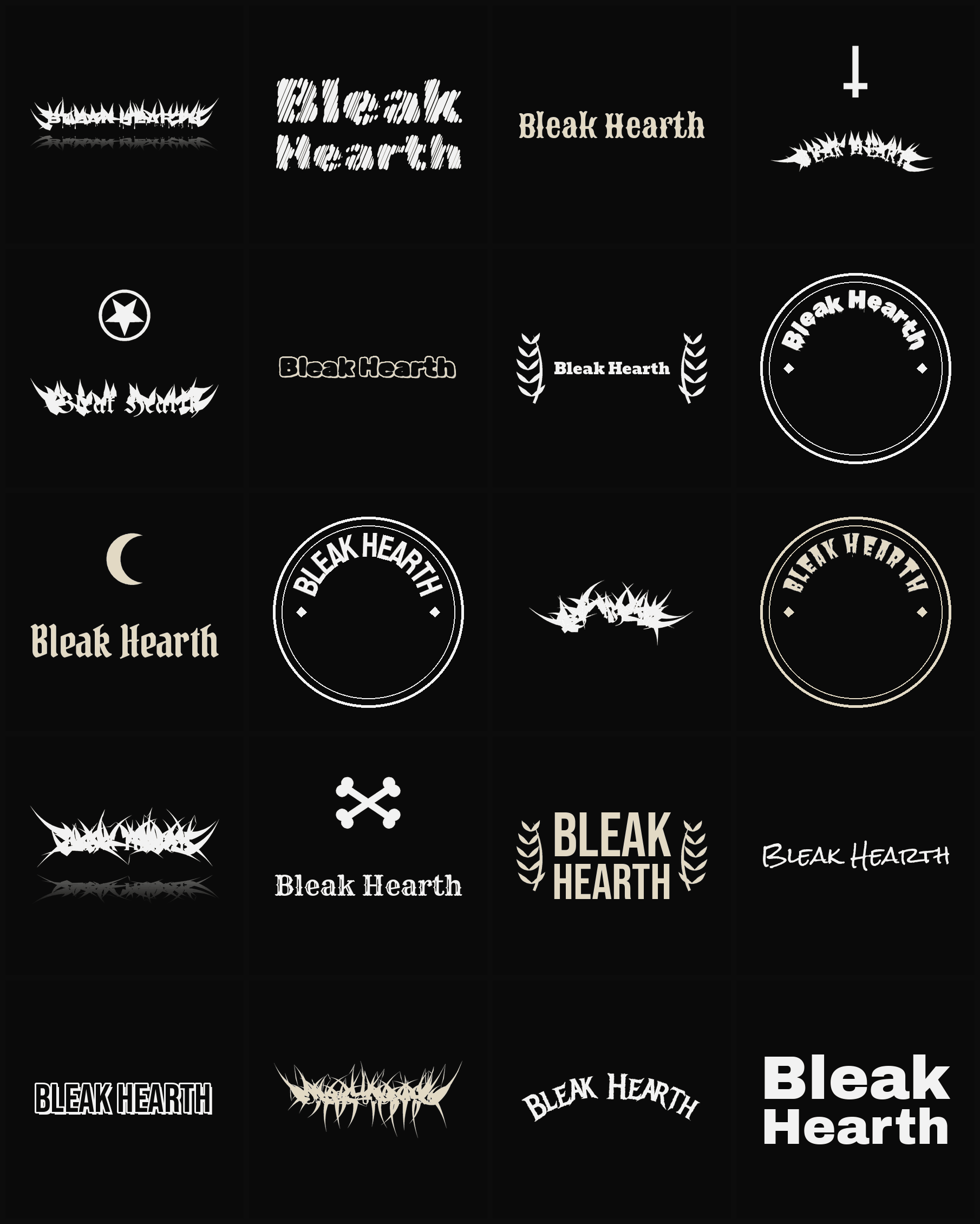 Twenty Bleak Hearth band logo ideas — different faces, treatments and spike settings