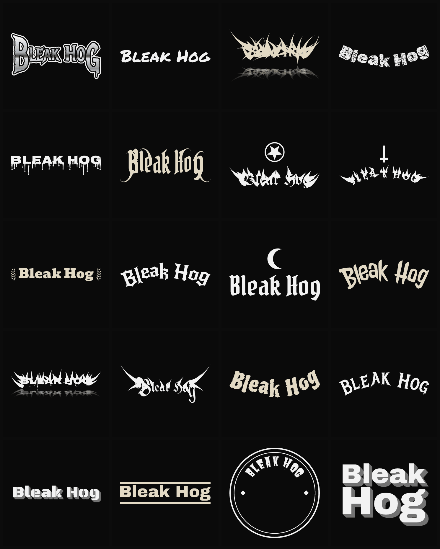 Twenty Bleak Hog band logo ideas — different faces, treatments and spike settings