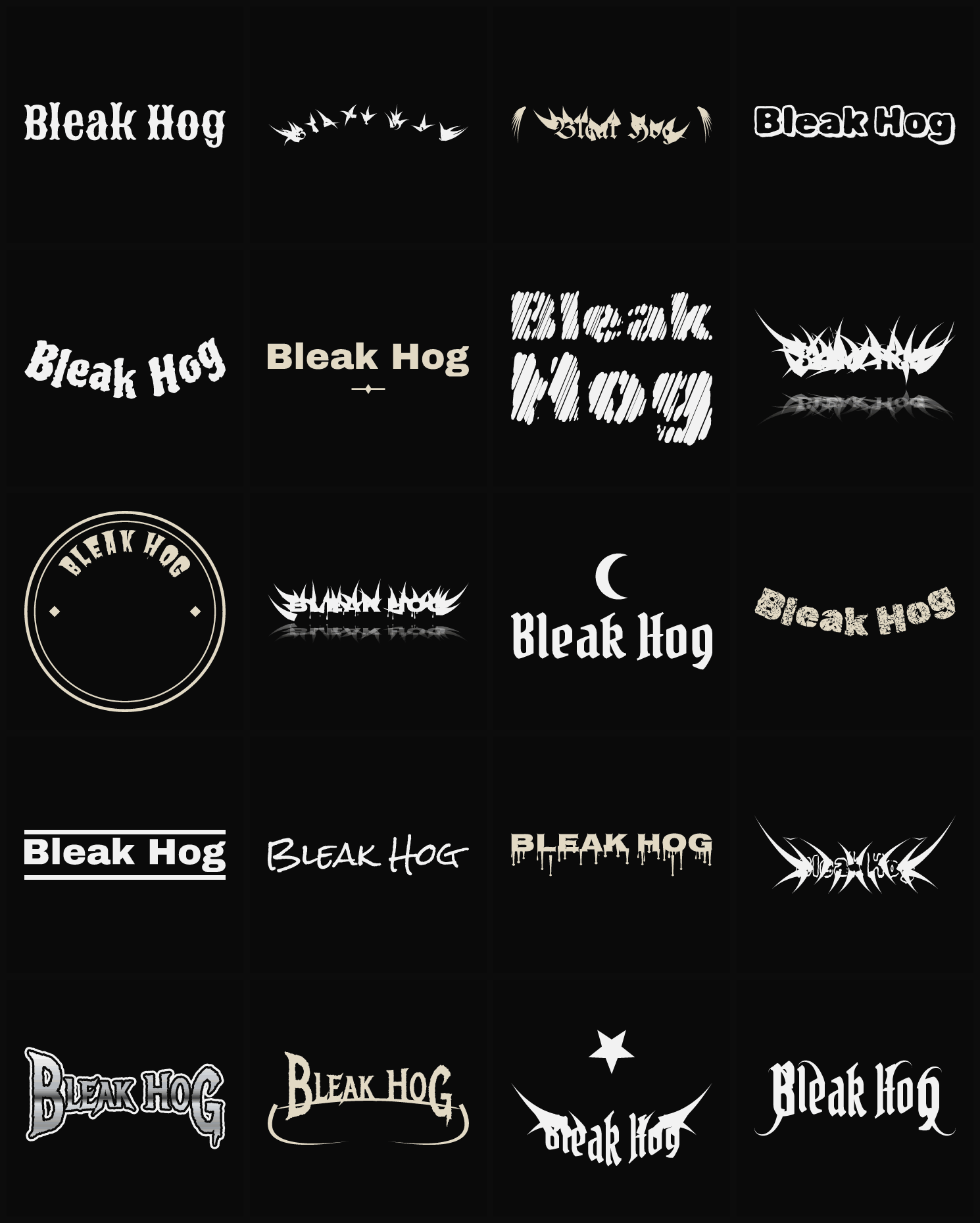 Twenty Bleak Hog band logo ideas — different faces, treatments and spike settings