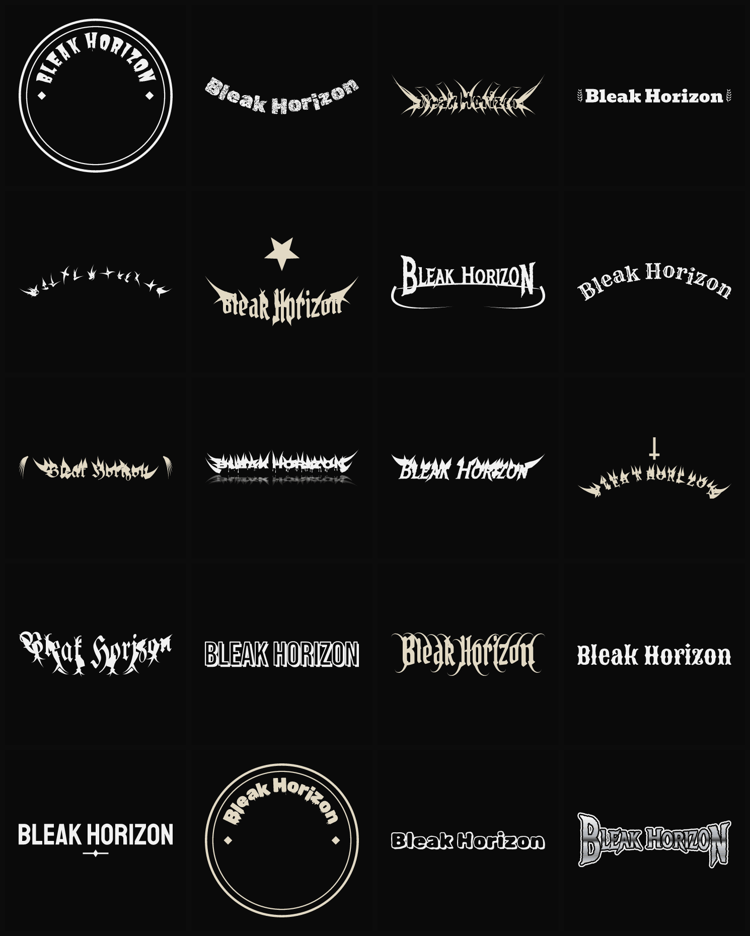 Twenty Bleak Horizon band logo ideas — different faces, treatments and spike settings
