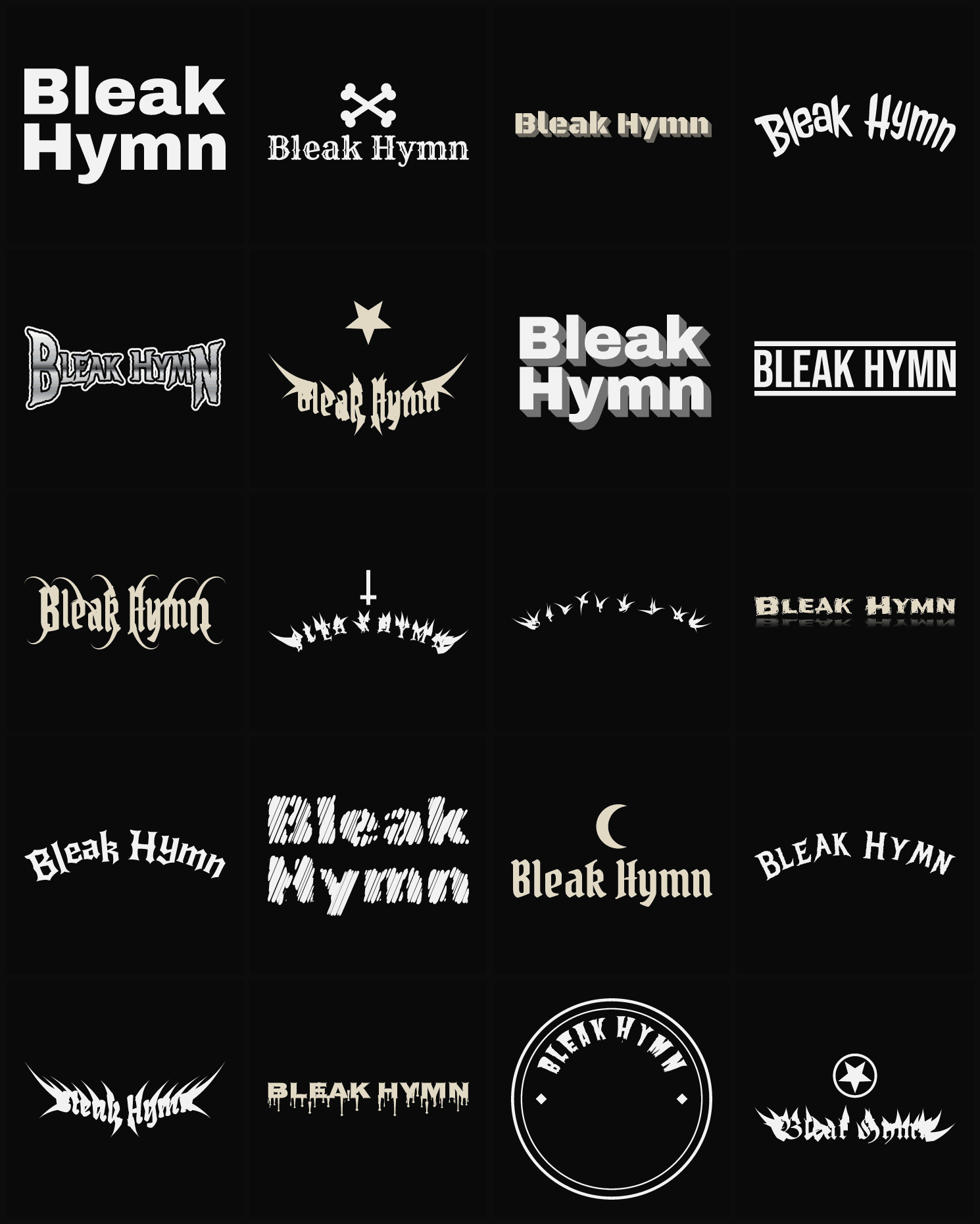 Twenty Bleak Hymn band logo ideas — different faces, treatments and spike settings