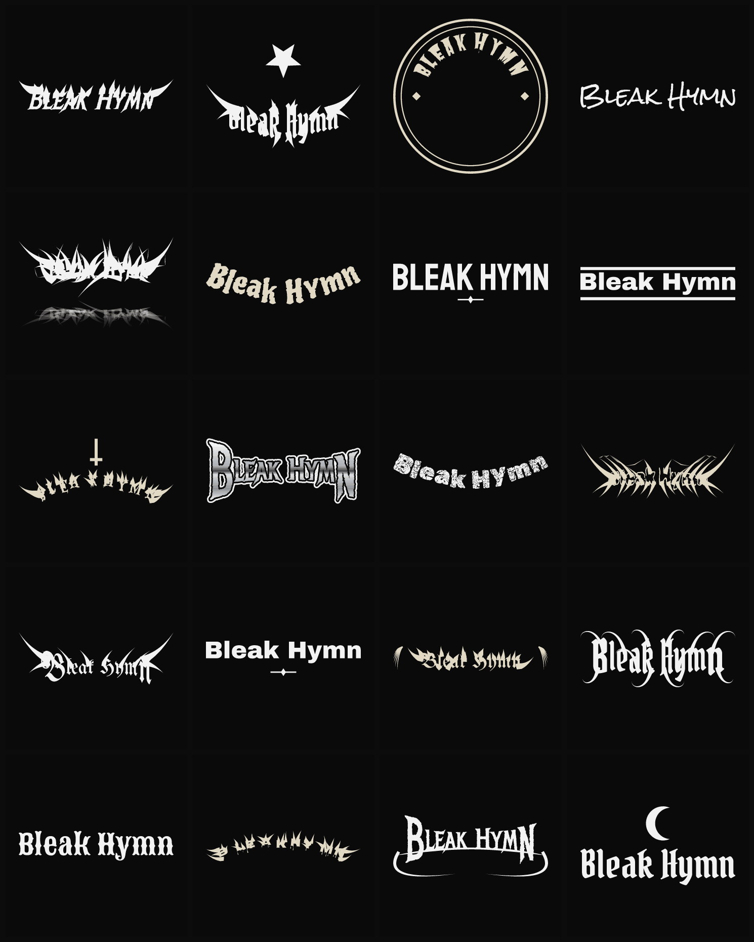 Twenty Bleak Hymn band logo ideas — different faces, treatments and spike settings