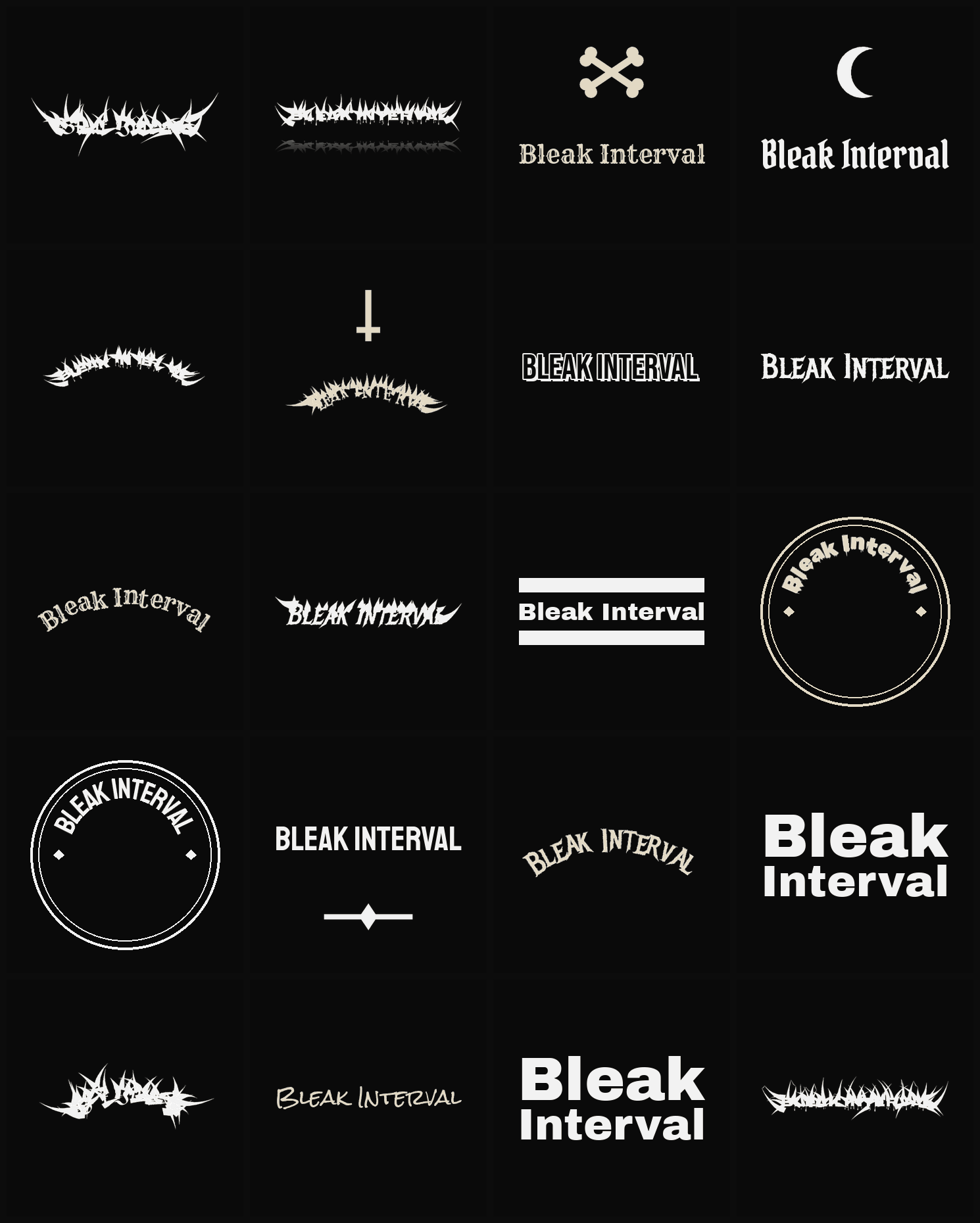 Twenty Bleak Interval band logo ideas — different faces, treatments and spike settings