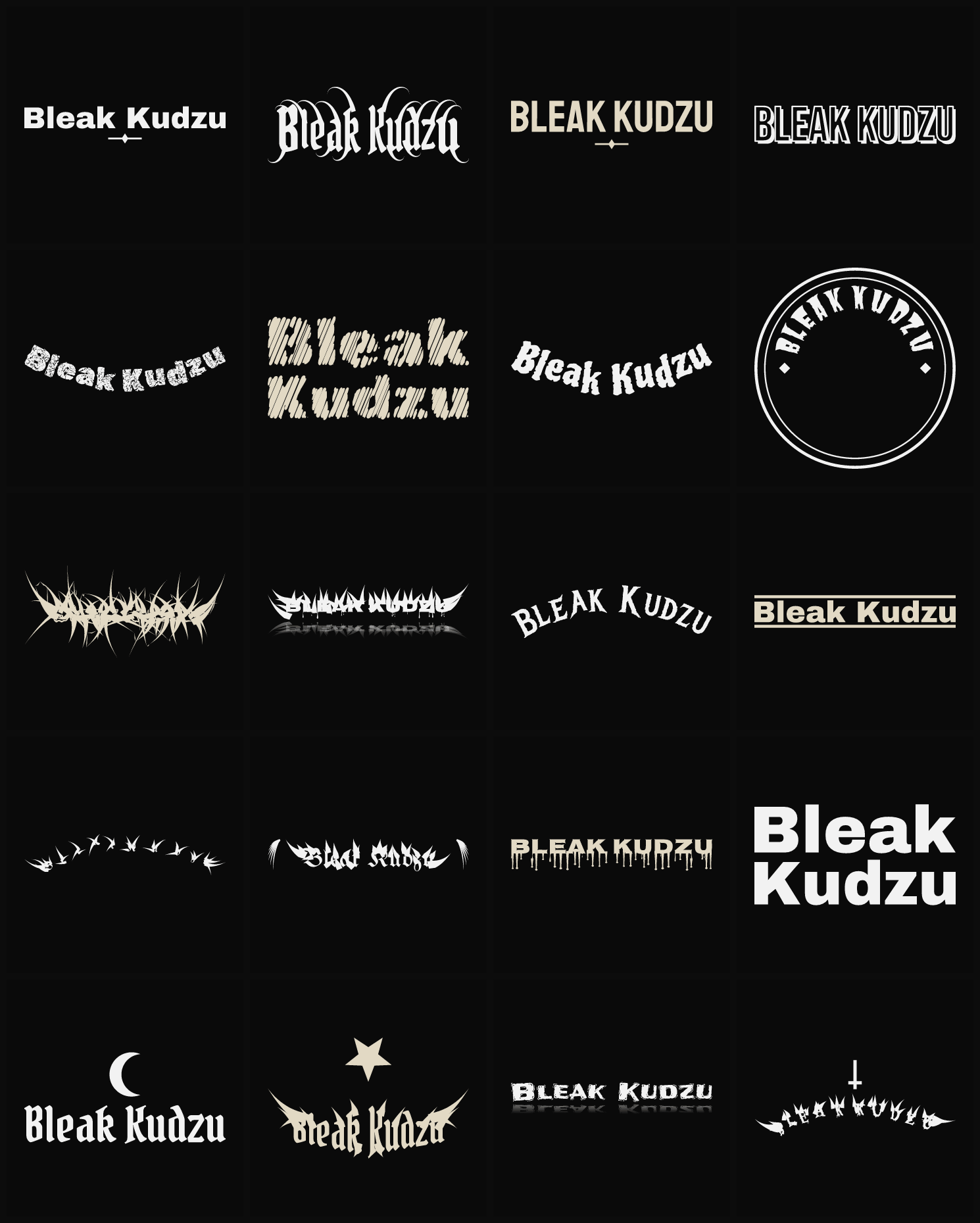 Twenty Bleak Kudzu band logo ideas — different faces, treatments and spike settings