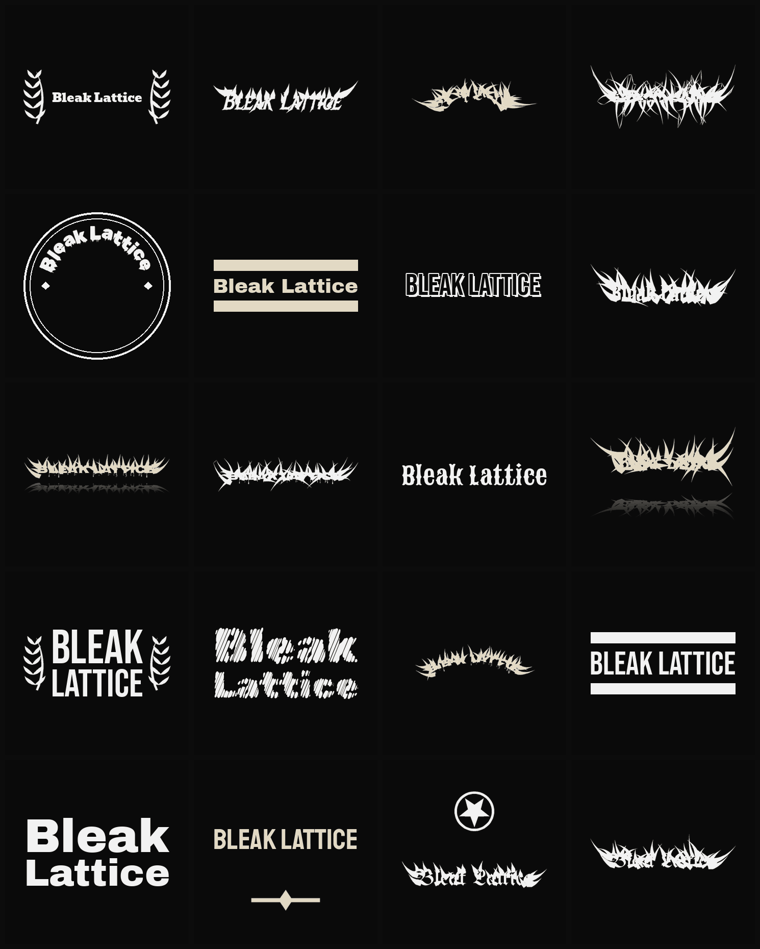 Twenty Bleak Lattice band logo ideas — different faces, treatments and spike settings