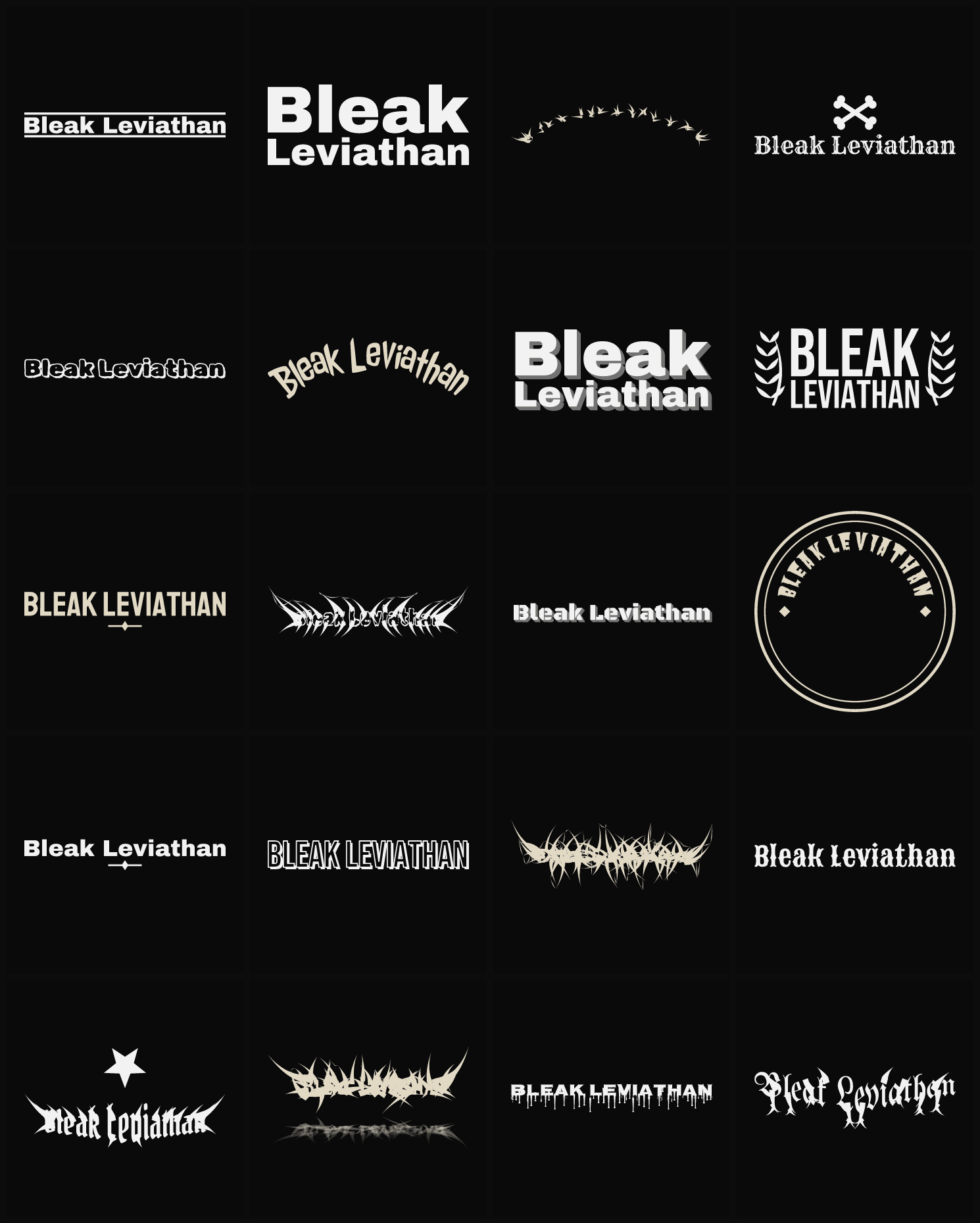 Twenty Bleak Leviathan band logo ideas — different faces, treatments and spike settings