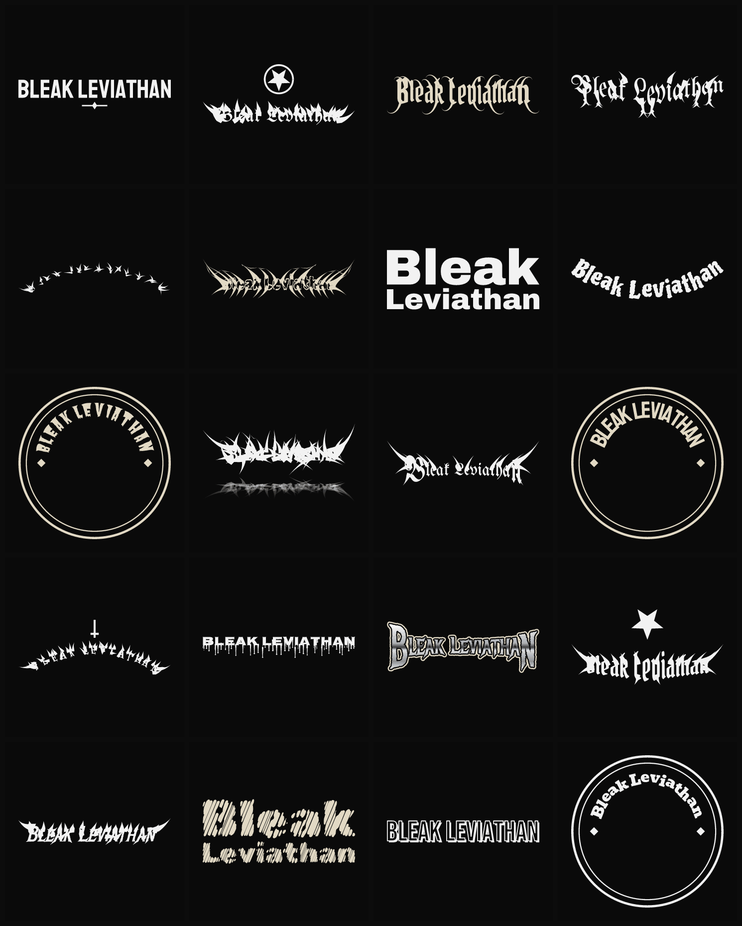 Twenty Bleak Leviathan band logo ideas — different faces, treatments and spike settings