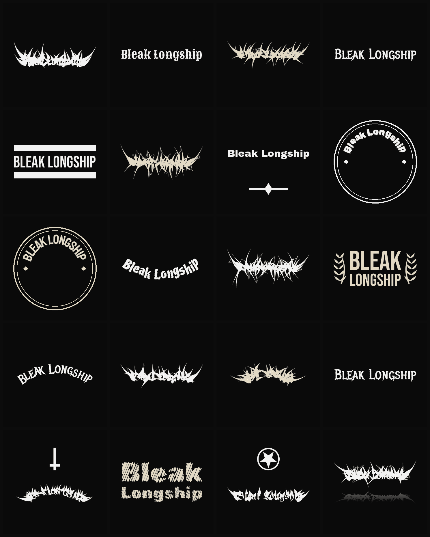 Twenty Bleak Longship band logo ideas — different faces, treatments and spike settings