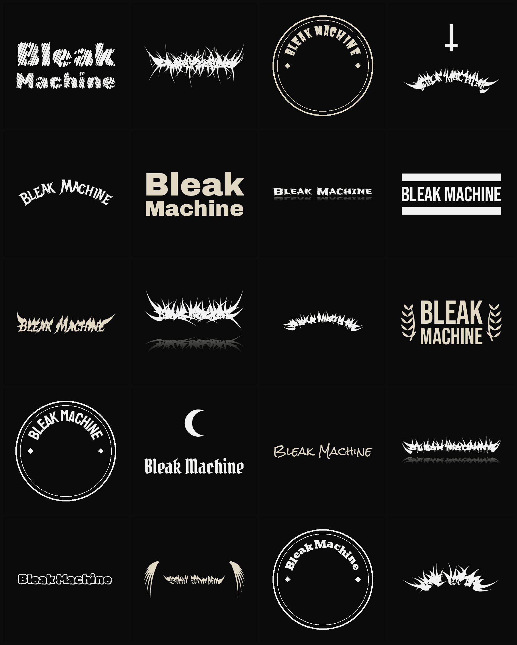 Twenty Bleak Machine band logo ideas — different faces, treatments and spike settings