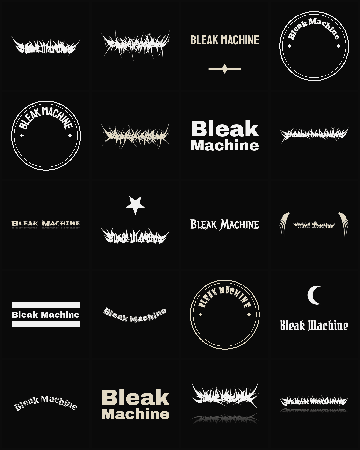 Twenty Bleak Machine band logo ideas — different faces, treatments and spike settings