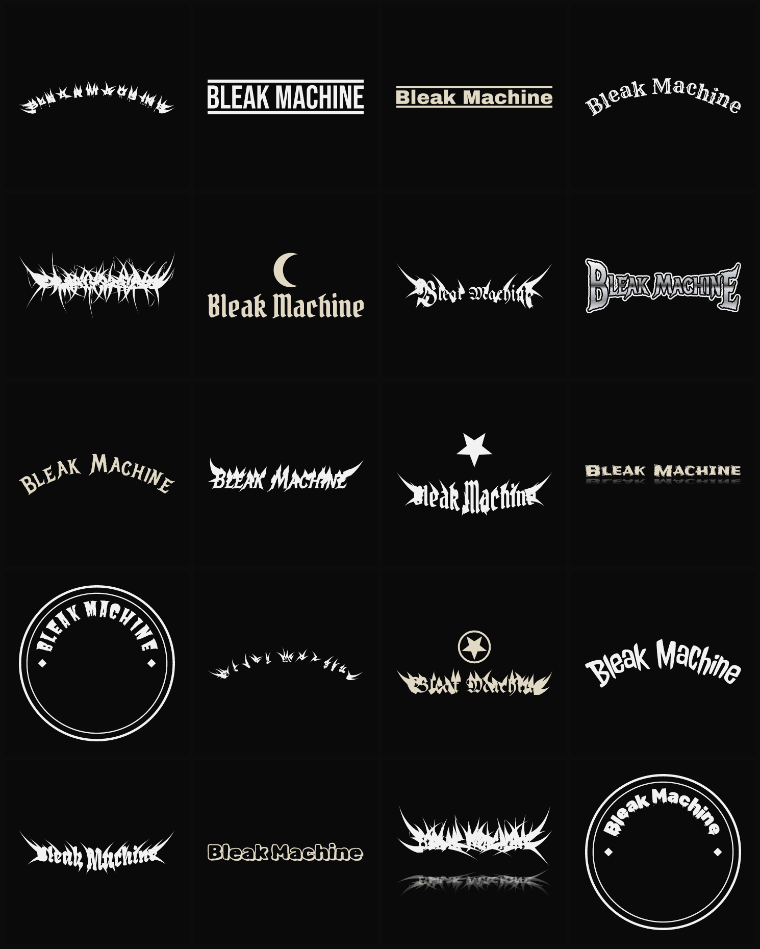 Twenty Bleak Machine band logo ideas — different faces, treatments and spike settings