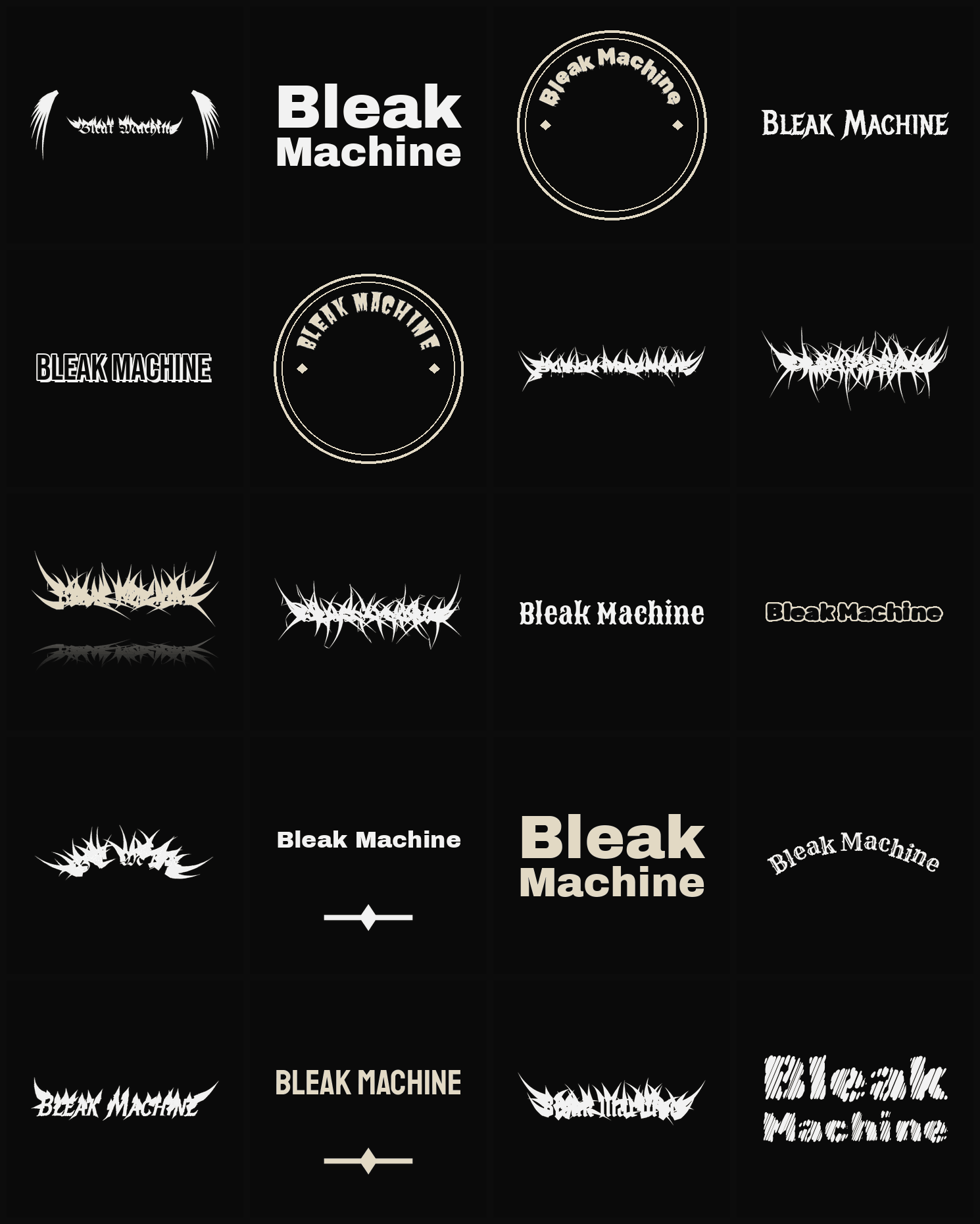 Twenty Bleak Machine band logo ideas — different faces, treatments and spike settings