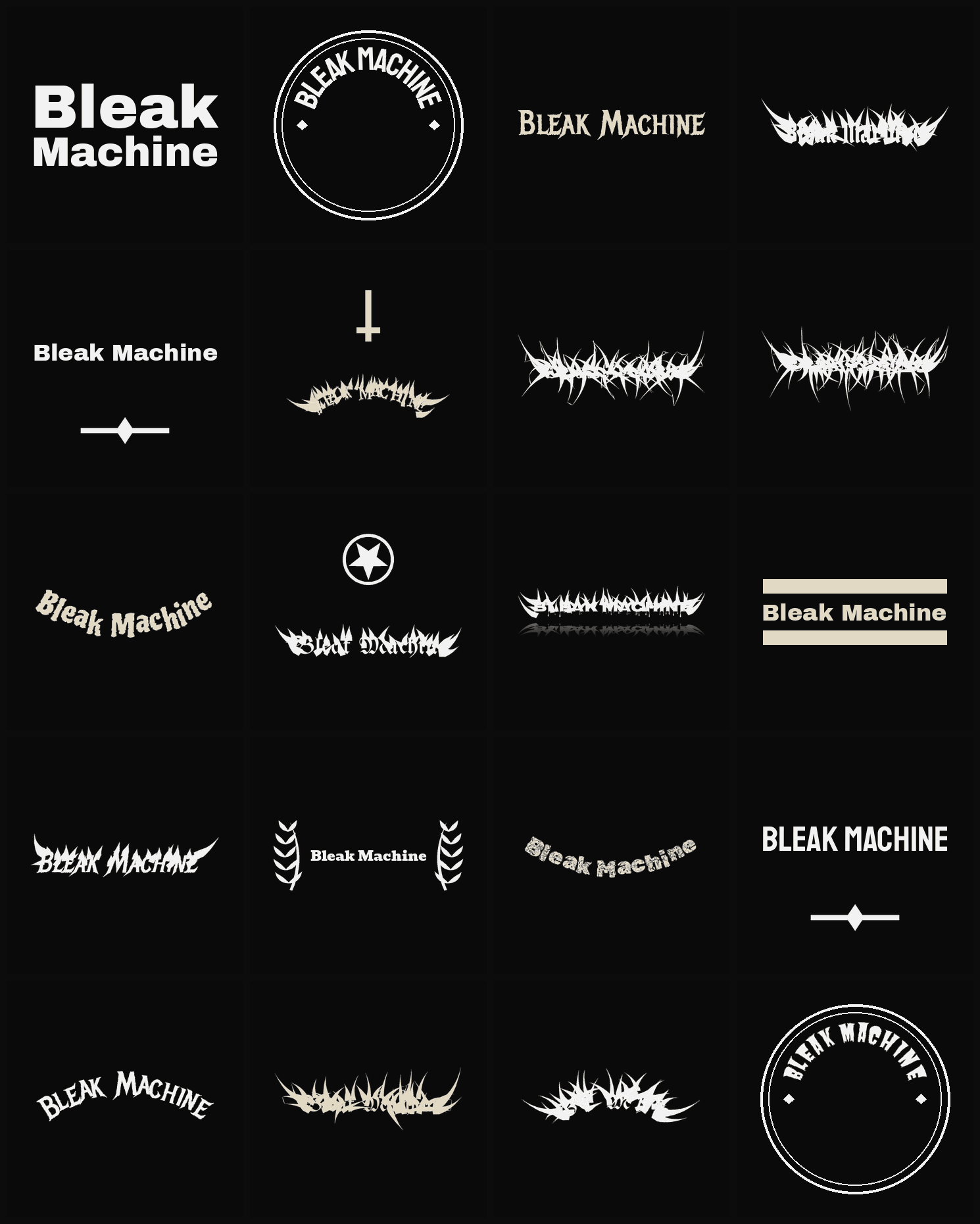 Twenty Bleak Machine band logo ideas — different faces, treatments and spike settings