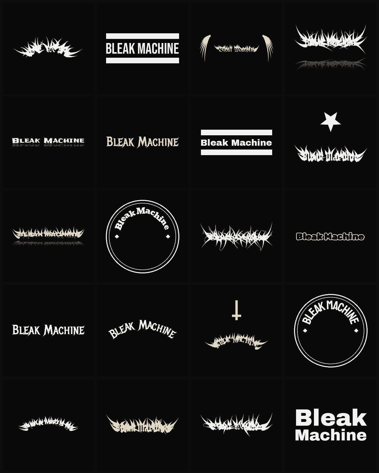 Twenty Bleak Machine band logo ideas — different faces, treatments and spike settings