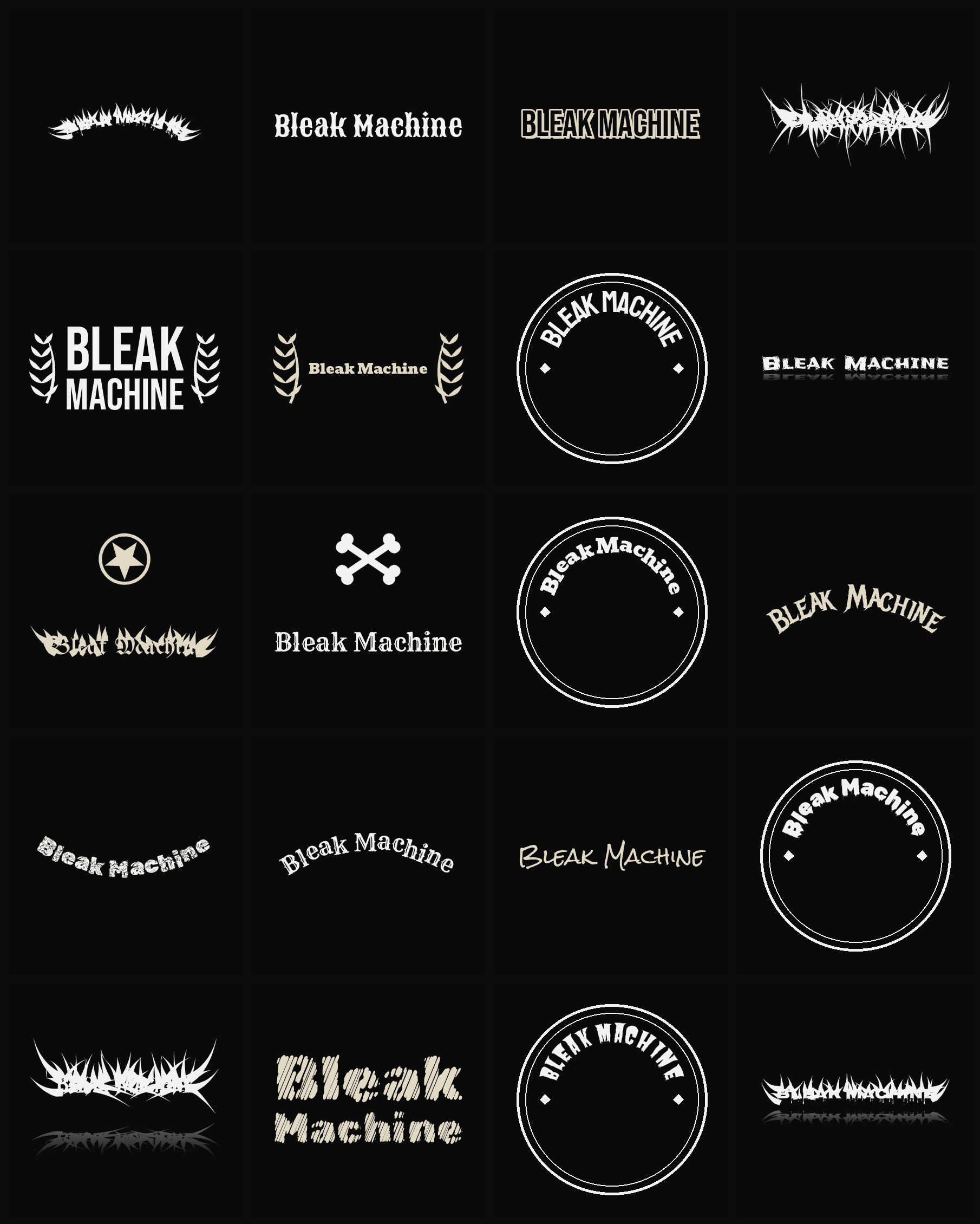 Twenty Bleak Machine band logo ideas — different faces, treatments and spike settings