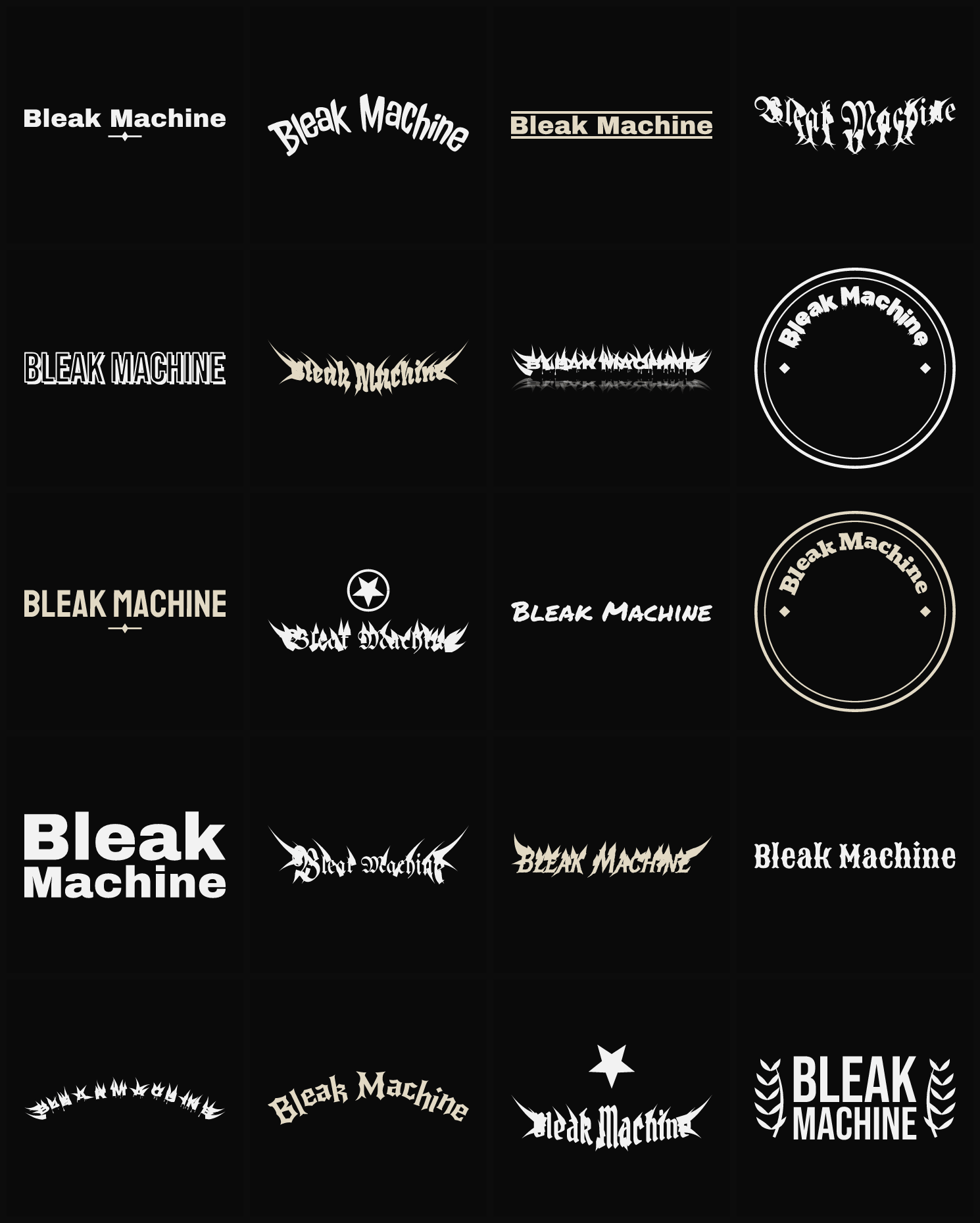 Twenty Bleak Machine band logo ideas — different faces, treatments and spike settings