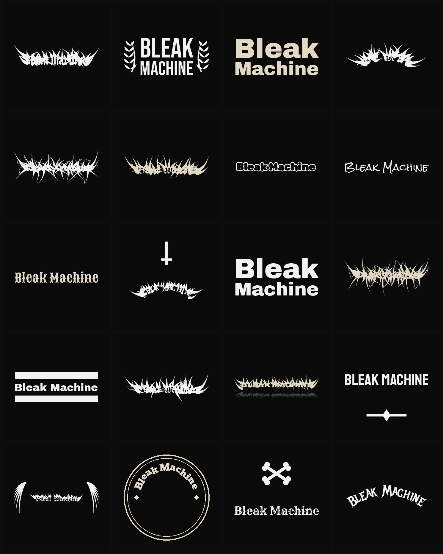 Twenty Bleak Machine band logo ideas — different faces, treatments and spike settings