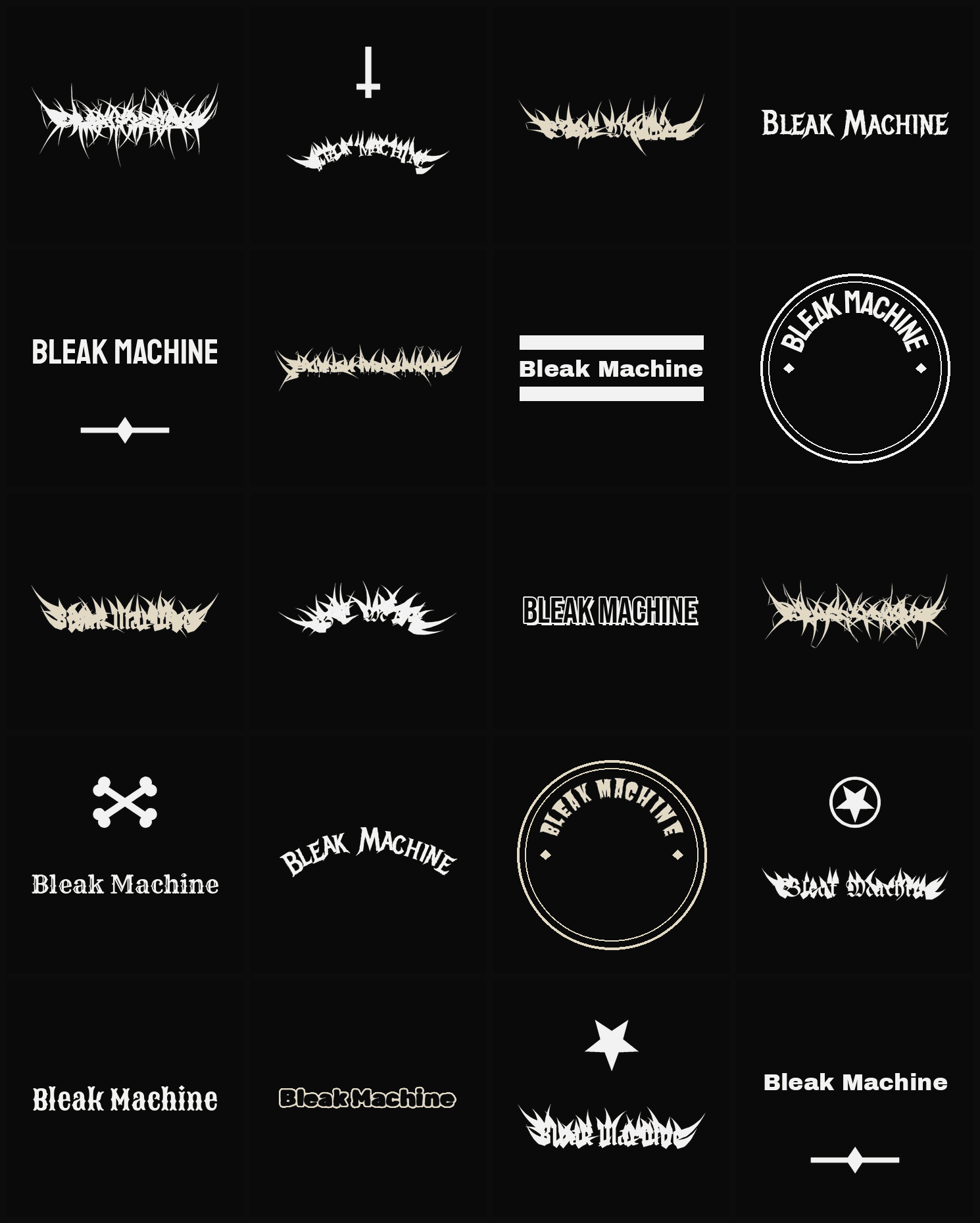 Twenty Bleak Machine band logo ideas — different faces, treatments and spike settings