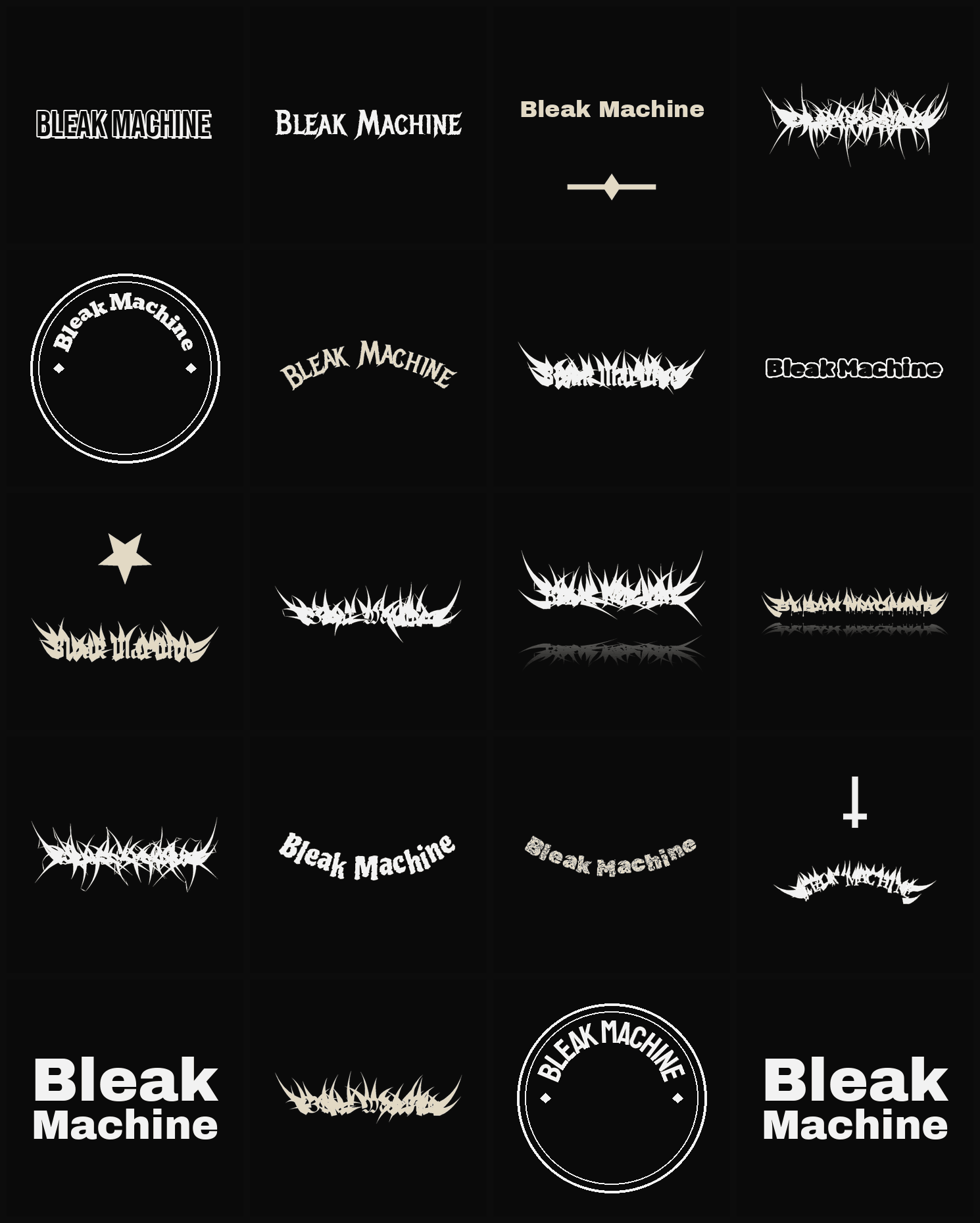 Twenty Bleak Machine band logo ideas — different faces, treatments and spike settings