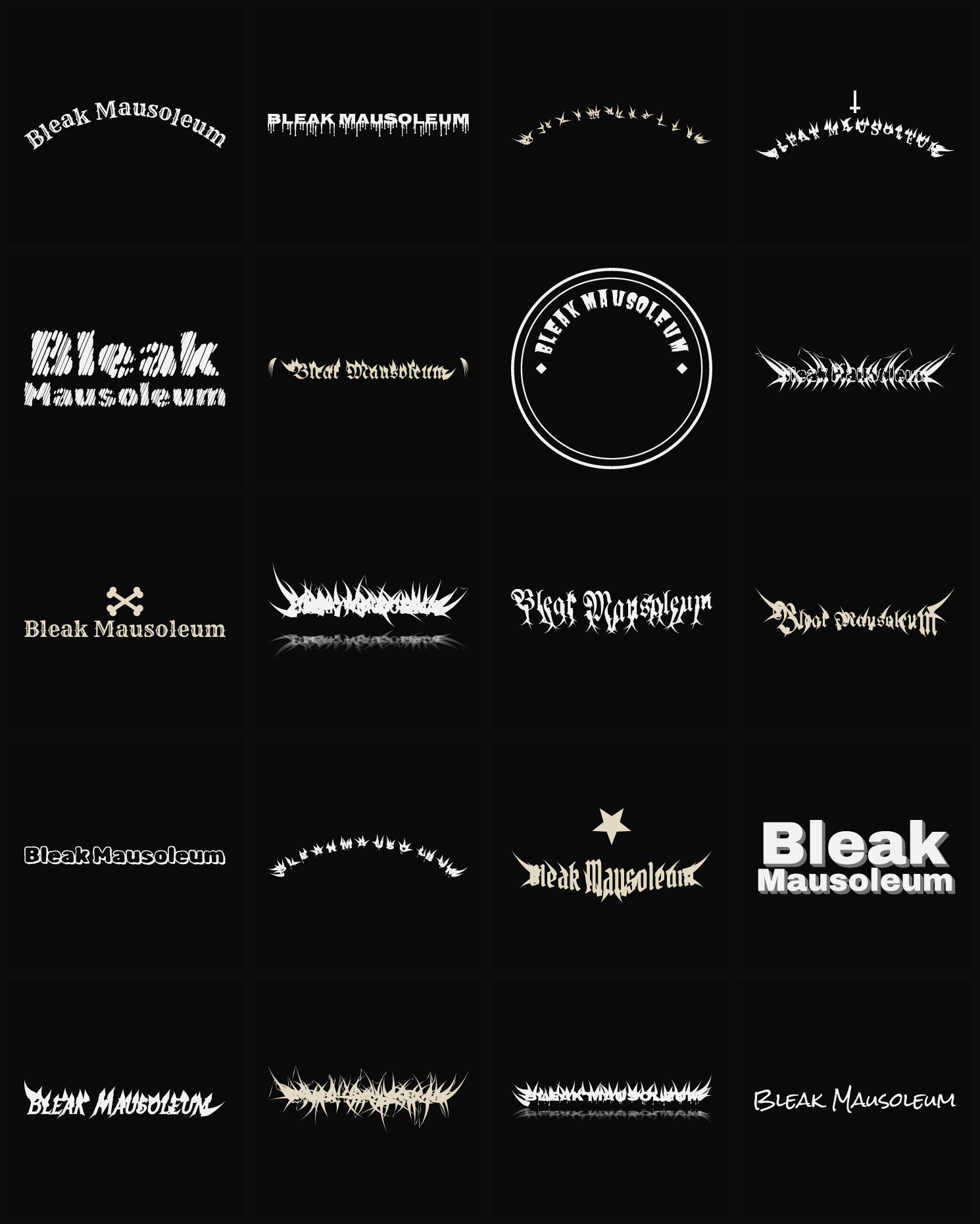 Twenty Bleak Mausoleum band logo ideas — different faces, treatments and spike settings