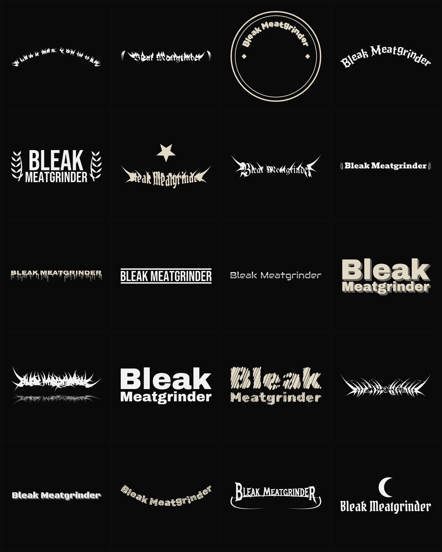 Twenty Bleak Meatgrinder band logo ideas — different faces, treatments and spike settings