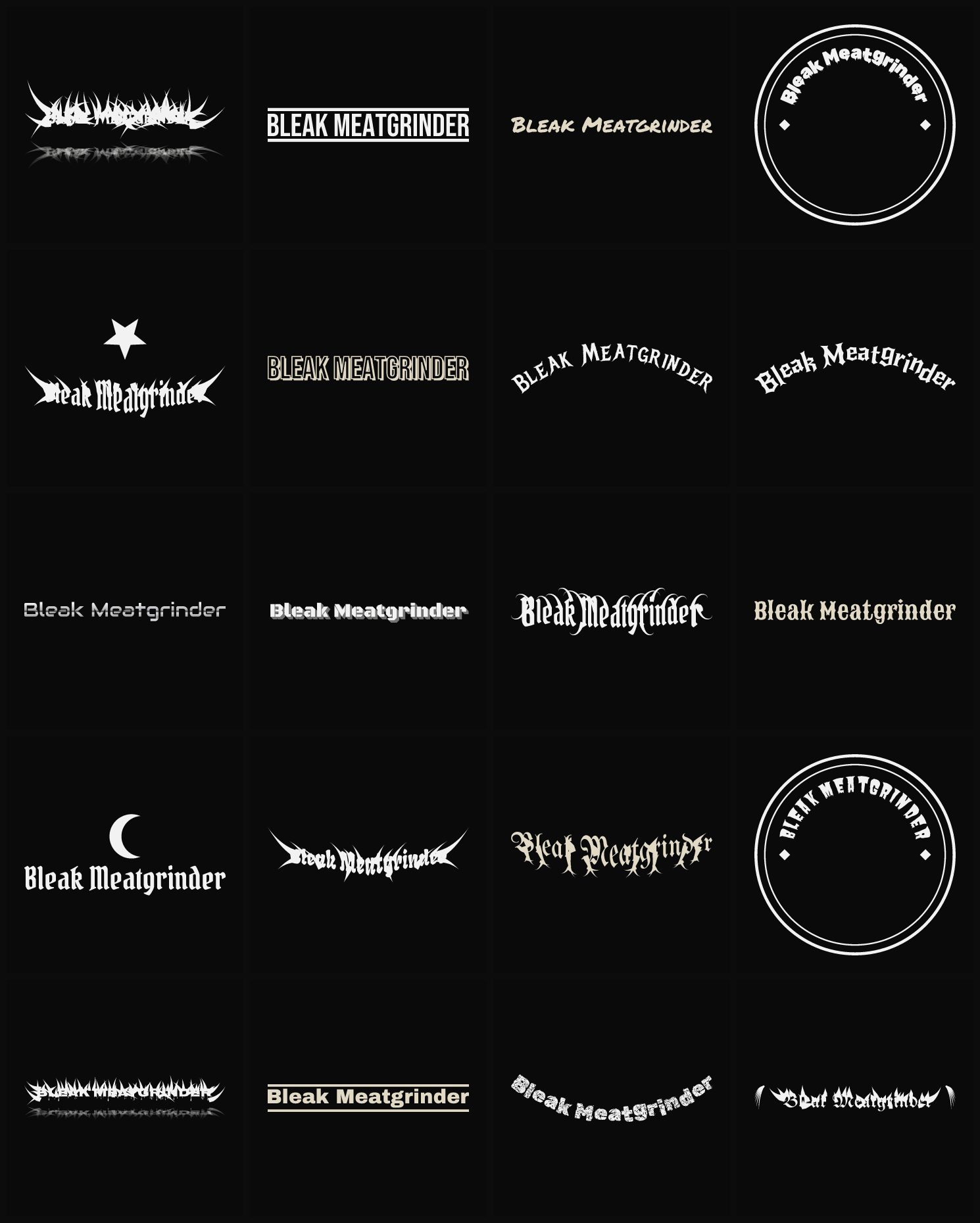 Twenty Bleak Meatgrinder band logo ideas — different faces, treatments and spike settings