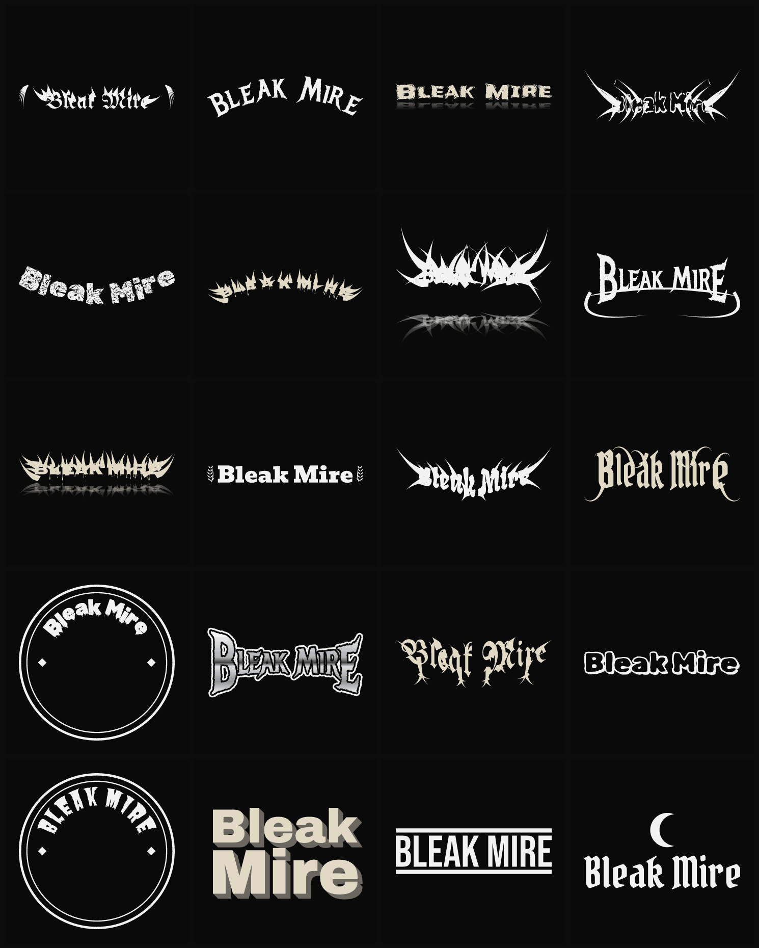 Twenty Bleak Mire band logo ideas — different faces, treatments and spike settings