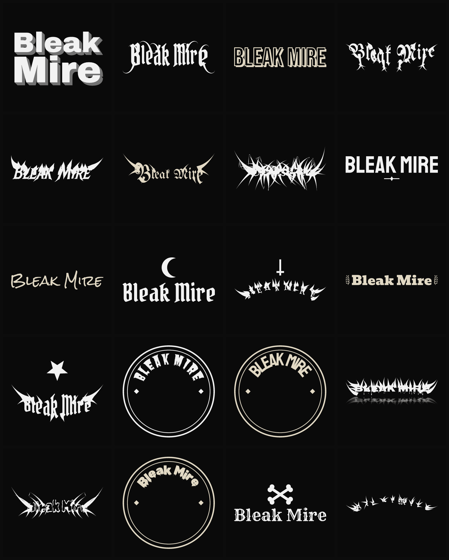 Twenty Bleak Mire band logo ideas — different faces, treatments and spike settings