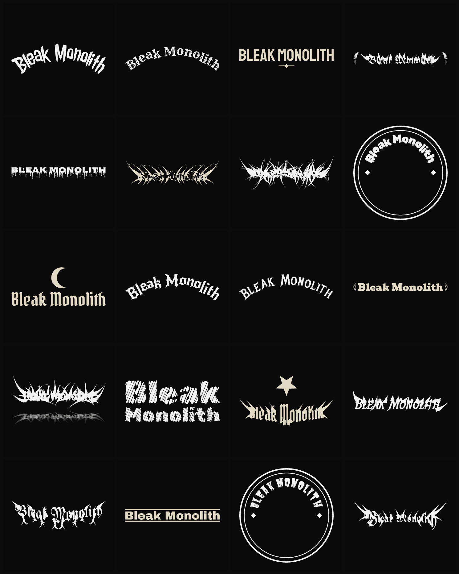 Twenty Bleak Monolith band logo ideas — different faces, treatments and spike settings