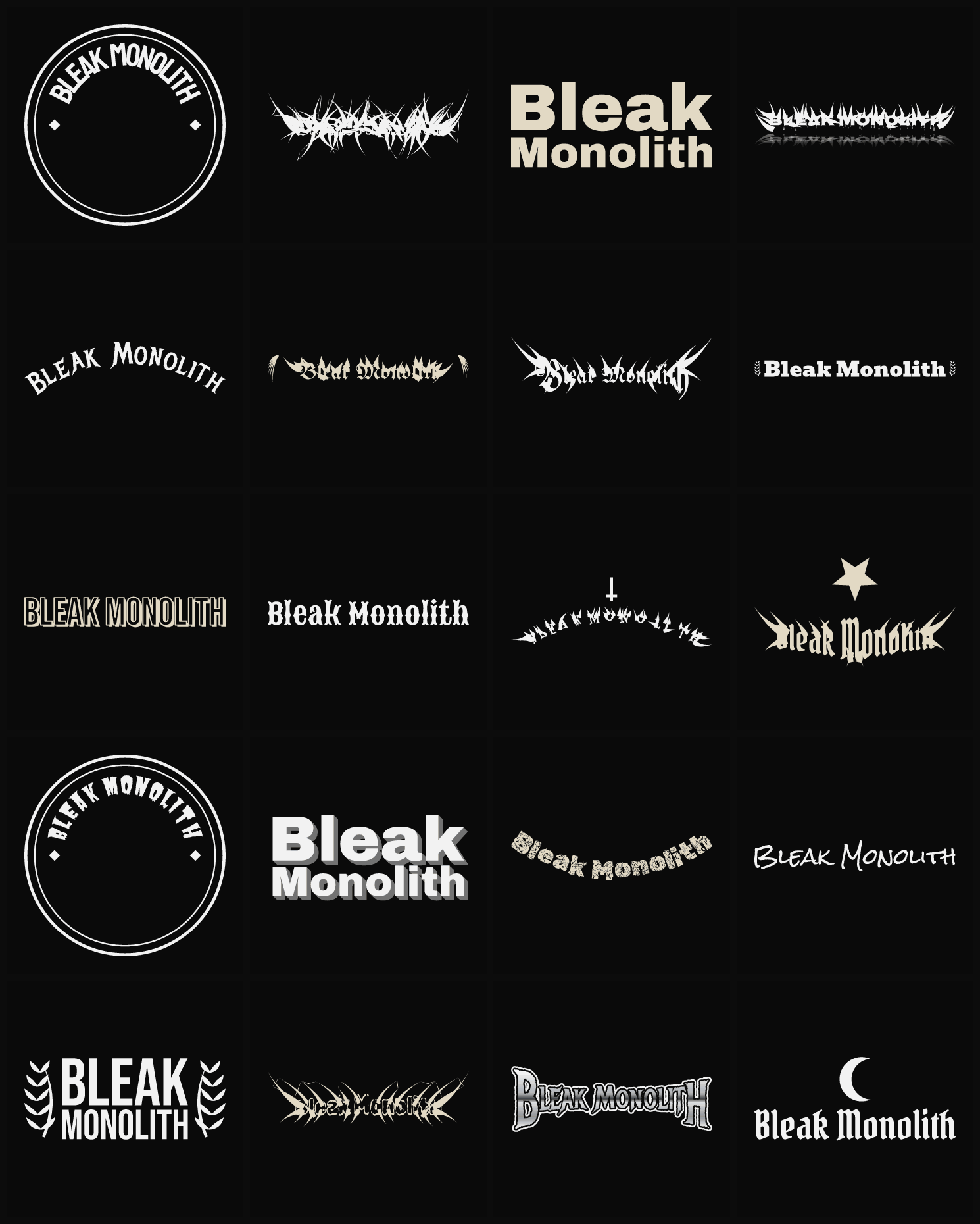 Twenty Bleak Monolith band logo ideas — different faces, treatments and spike settings